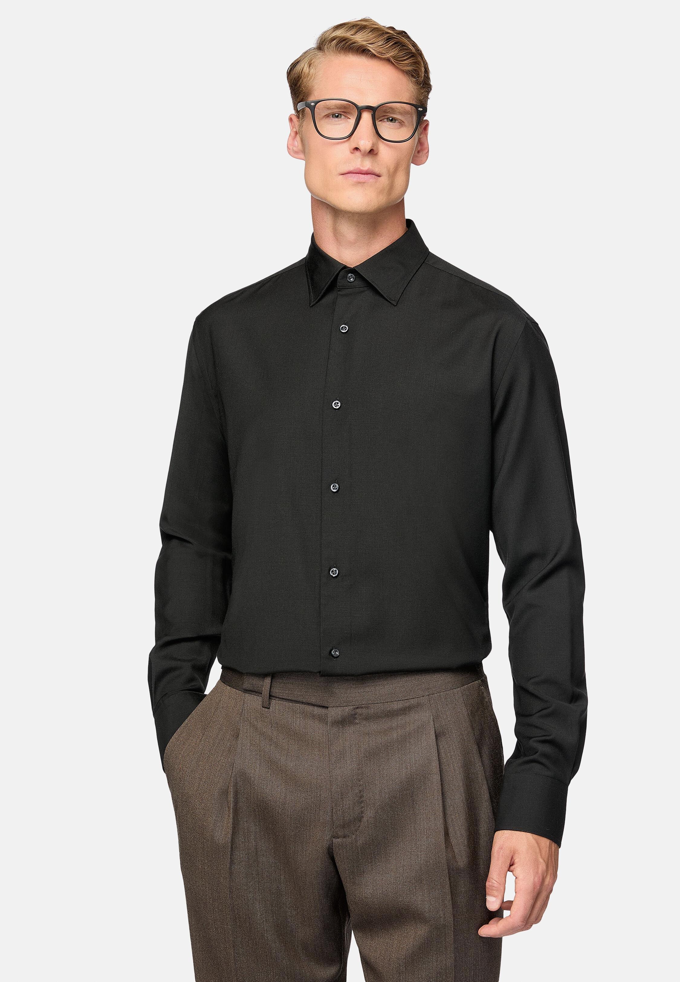Black Long Sleeve Wool Shirt, Black, large image number 0
