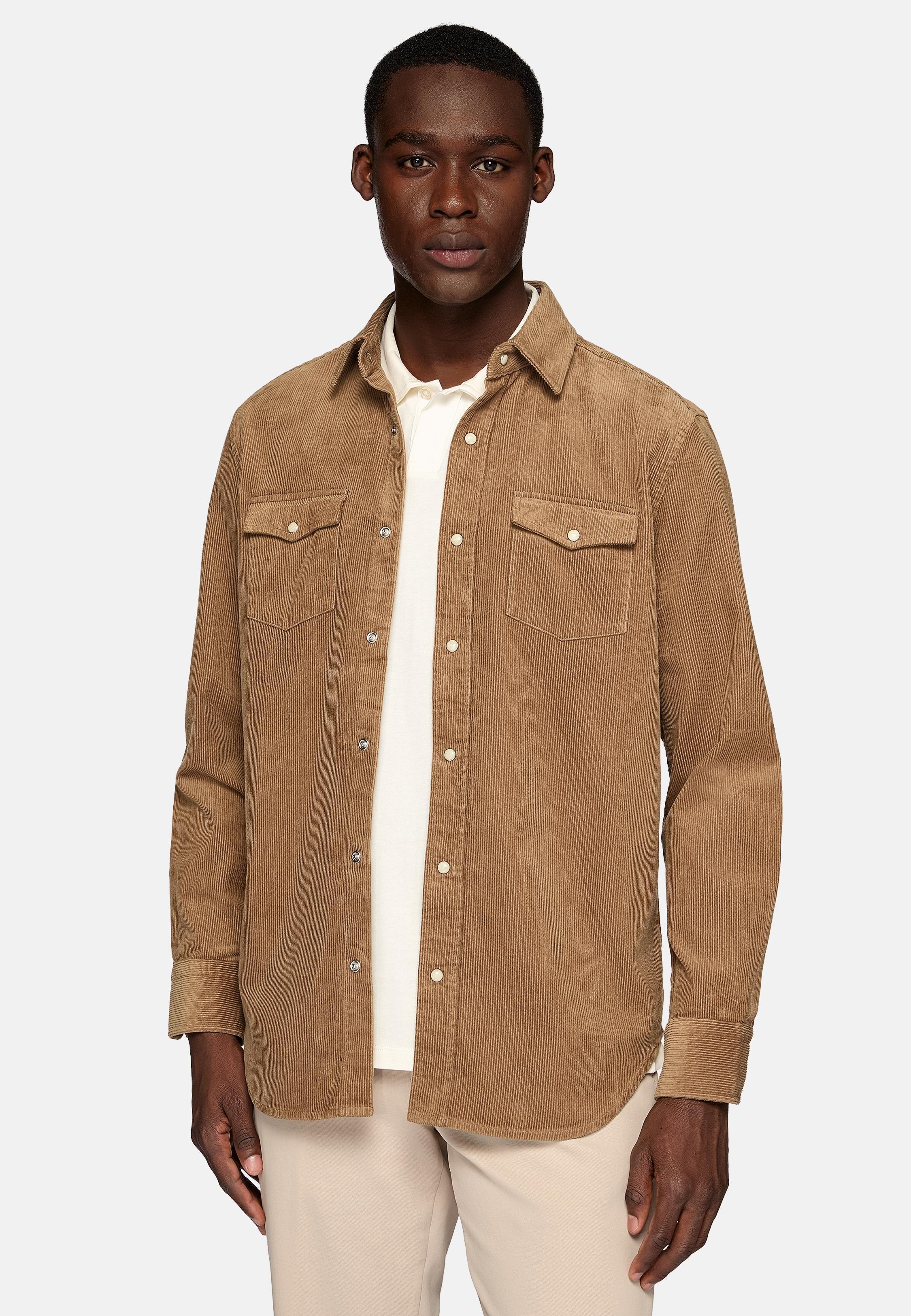 Brown Velvet Solid Overshirt, Hazelnut, large image number 1