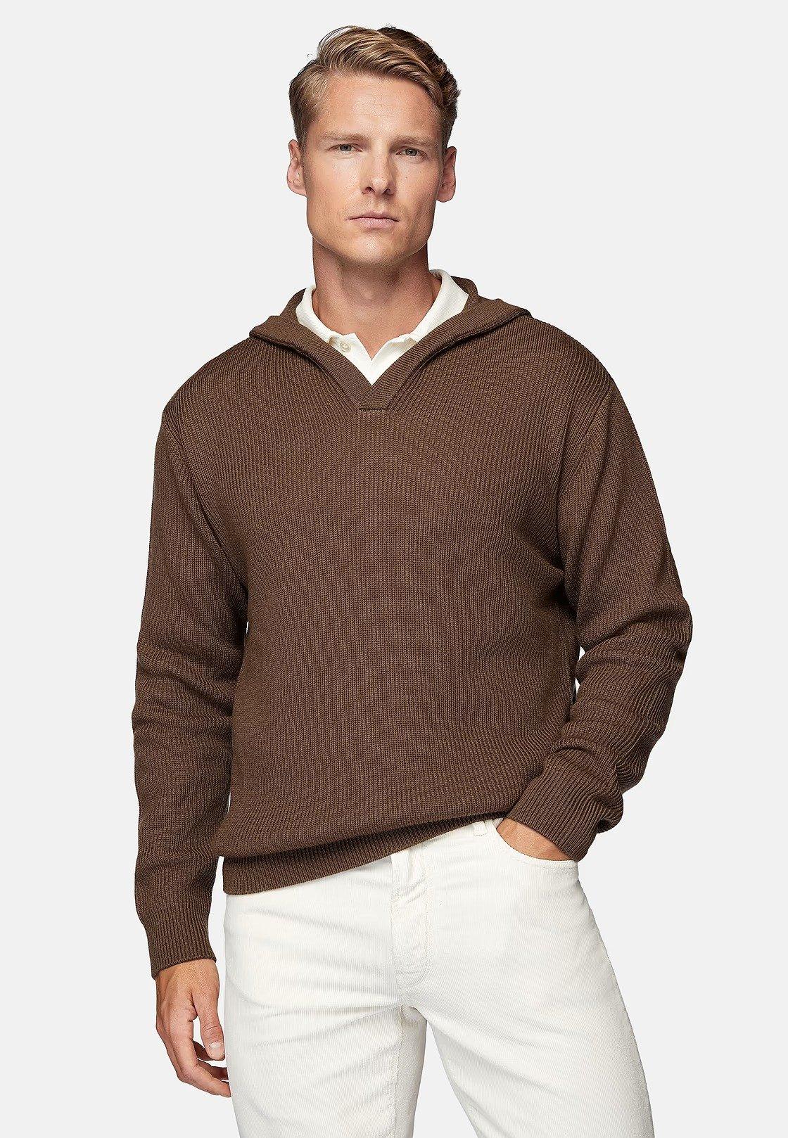 Brown Ribbed Long Hoodie, Hazelnut, large image number 0
