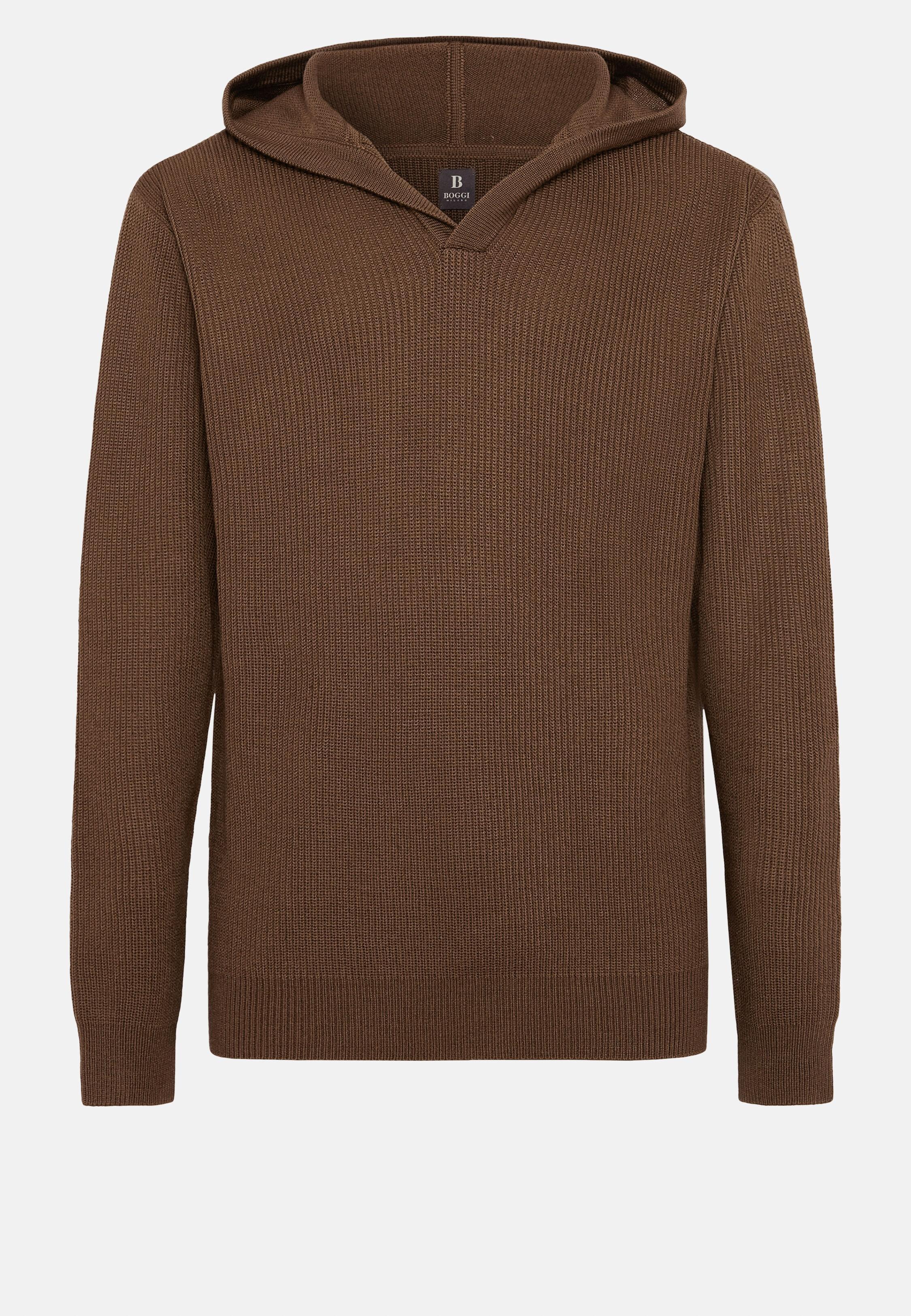 Brown Ribbed Long Hoodie, Hazelnut, large image number 7
