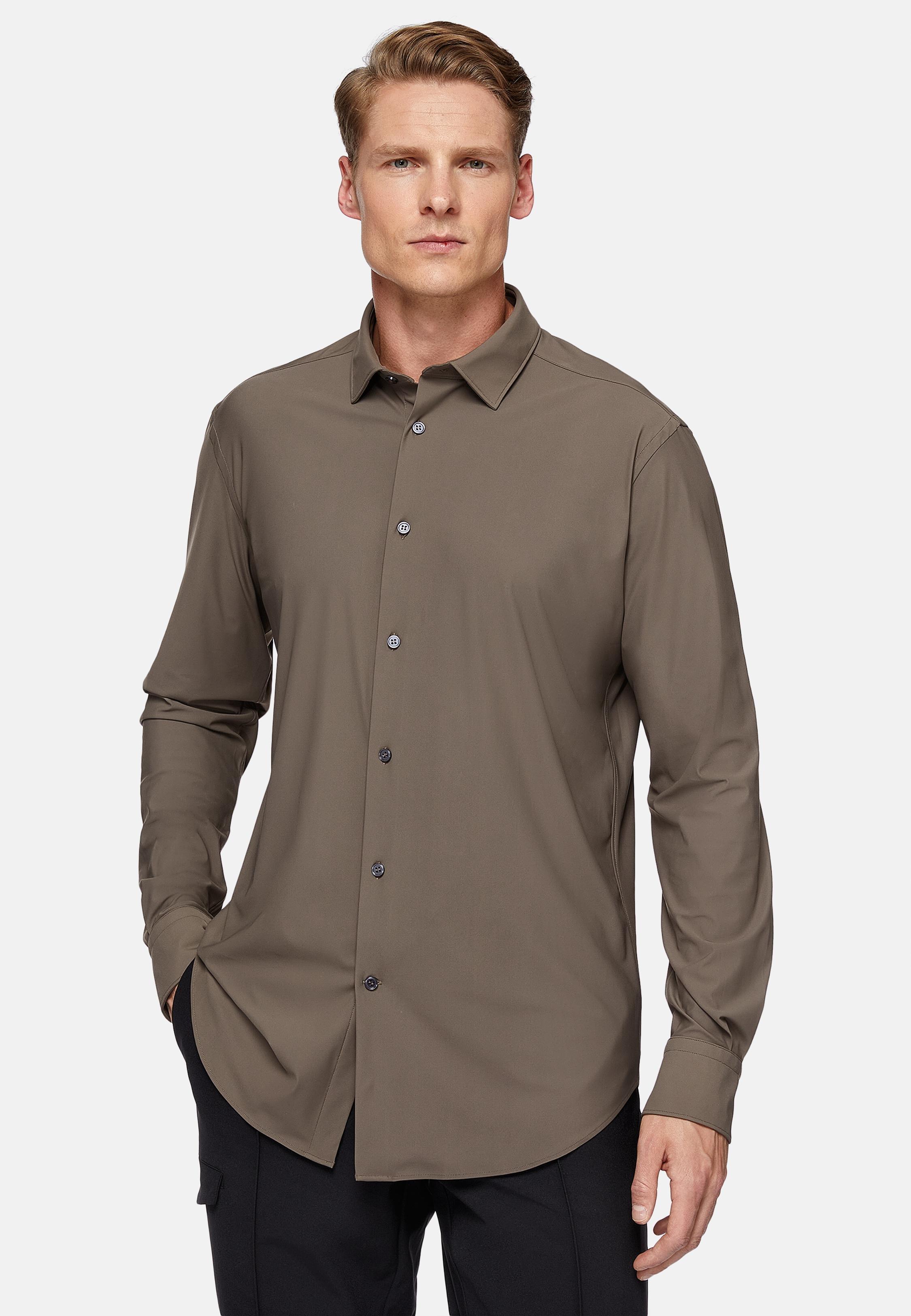 Brown Slim Fit Stretch Nylon Shirt, Taupe, large image number 0
