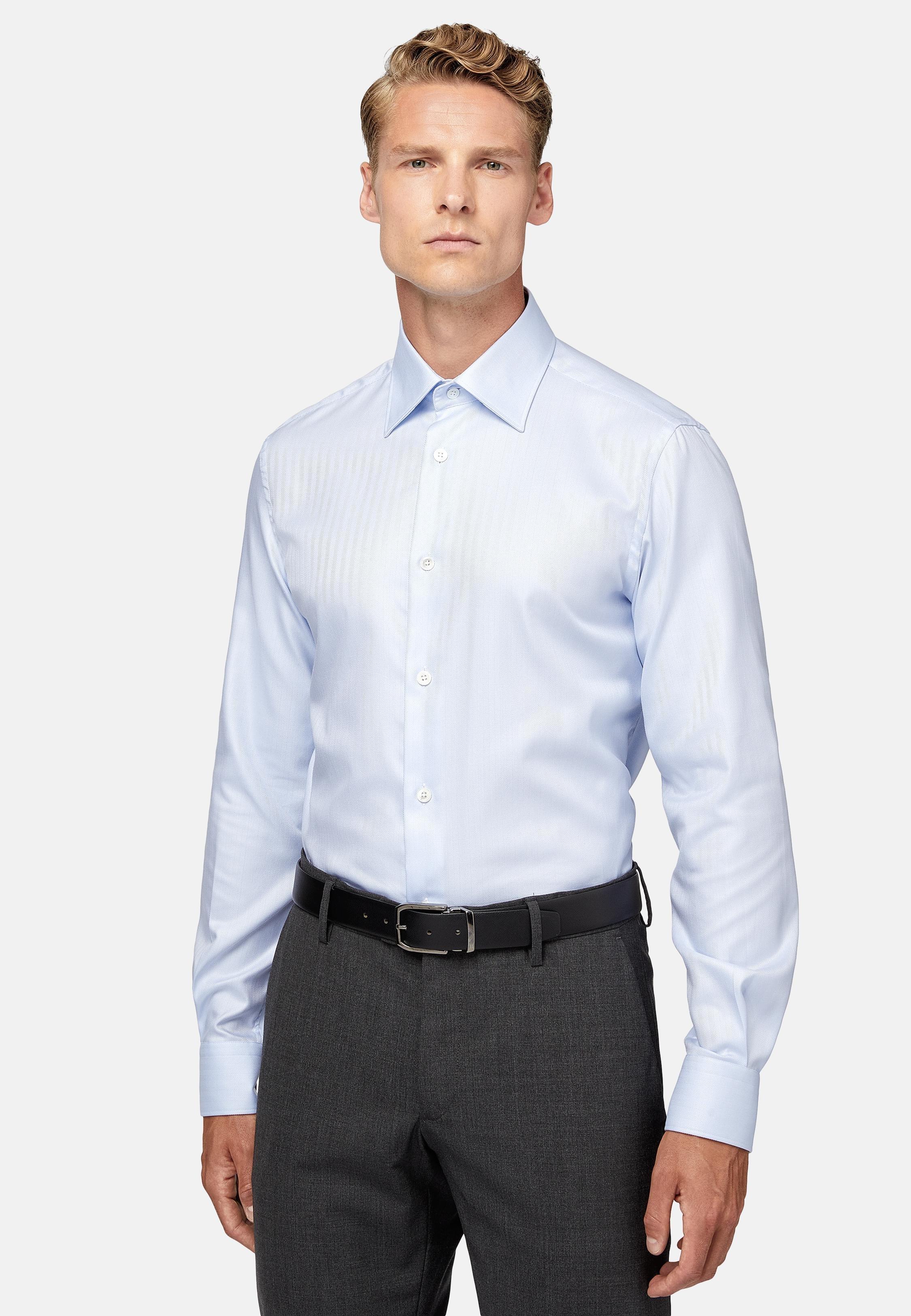 Blue Herringbone Cotton Shirt, Light Blue, large image number 1