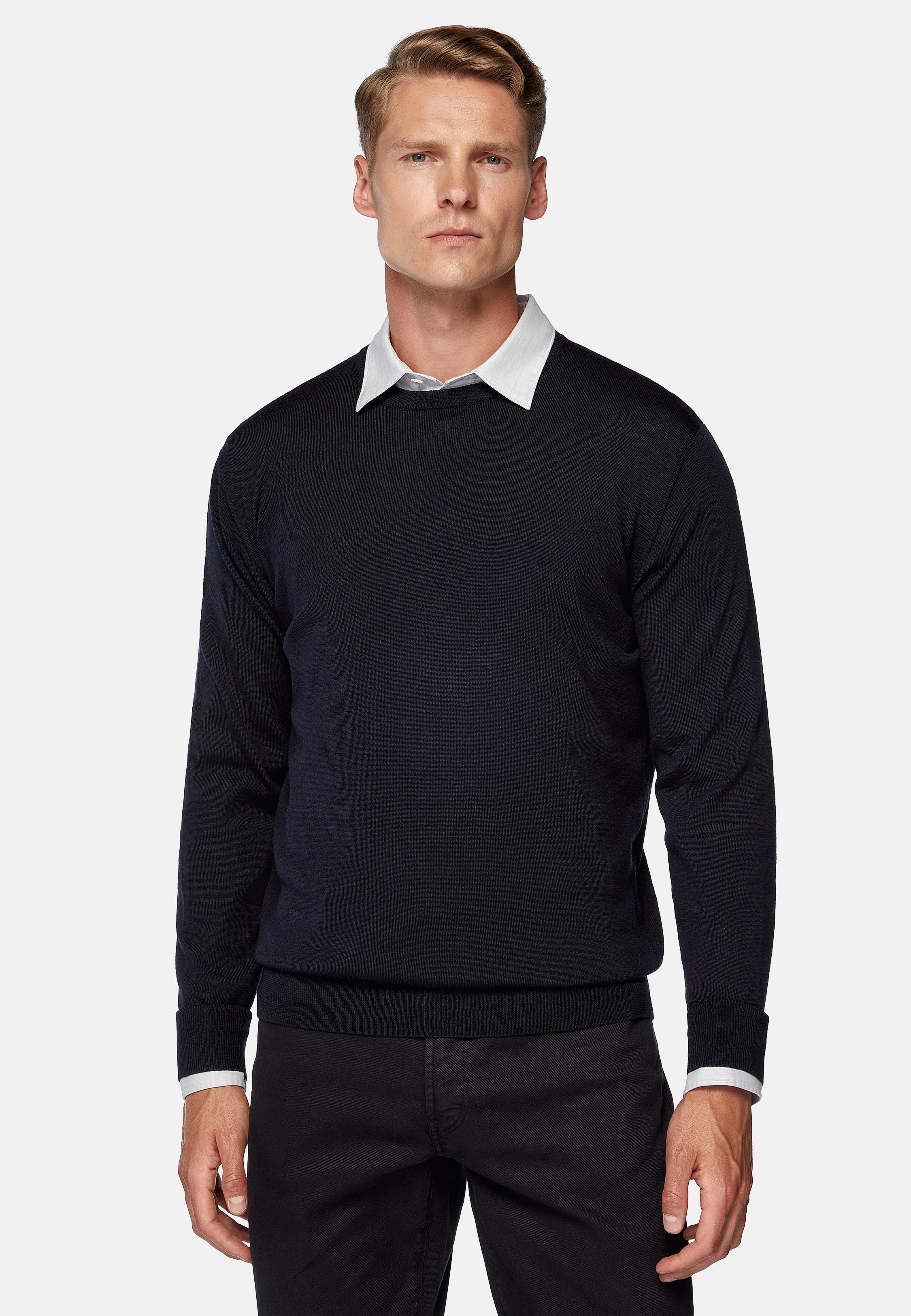 Navy Merino Wool Crew Neck Jumper, , medium