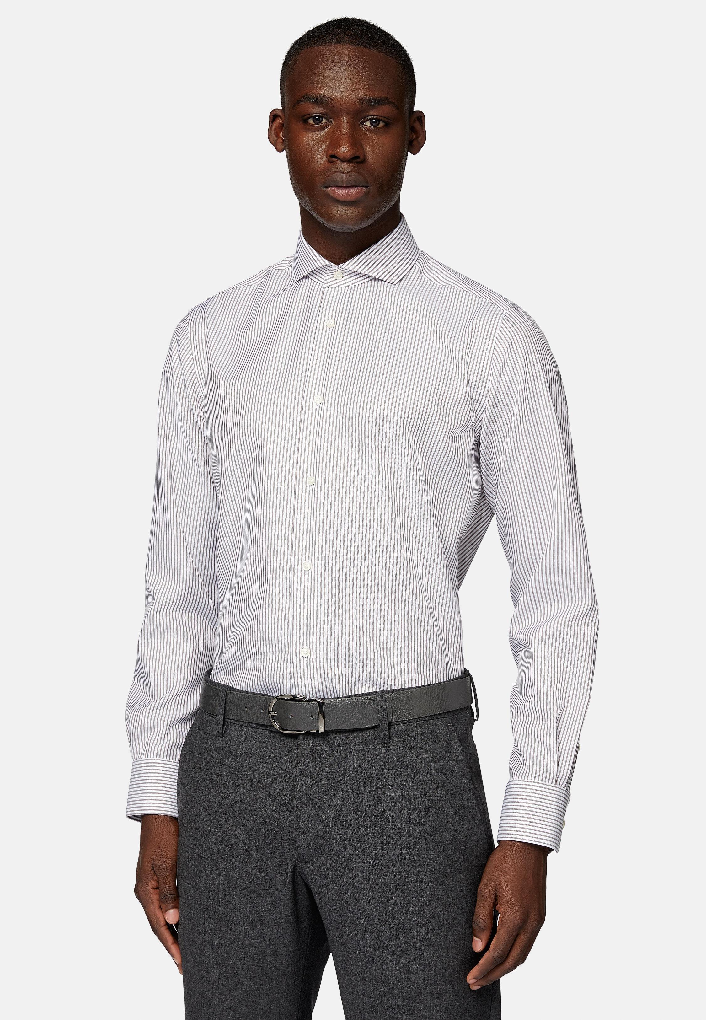 Brown Striped Cotton Twill Shirt, Brown, large image number 0