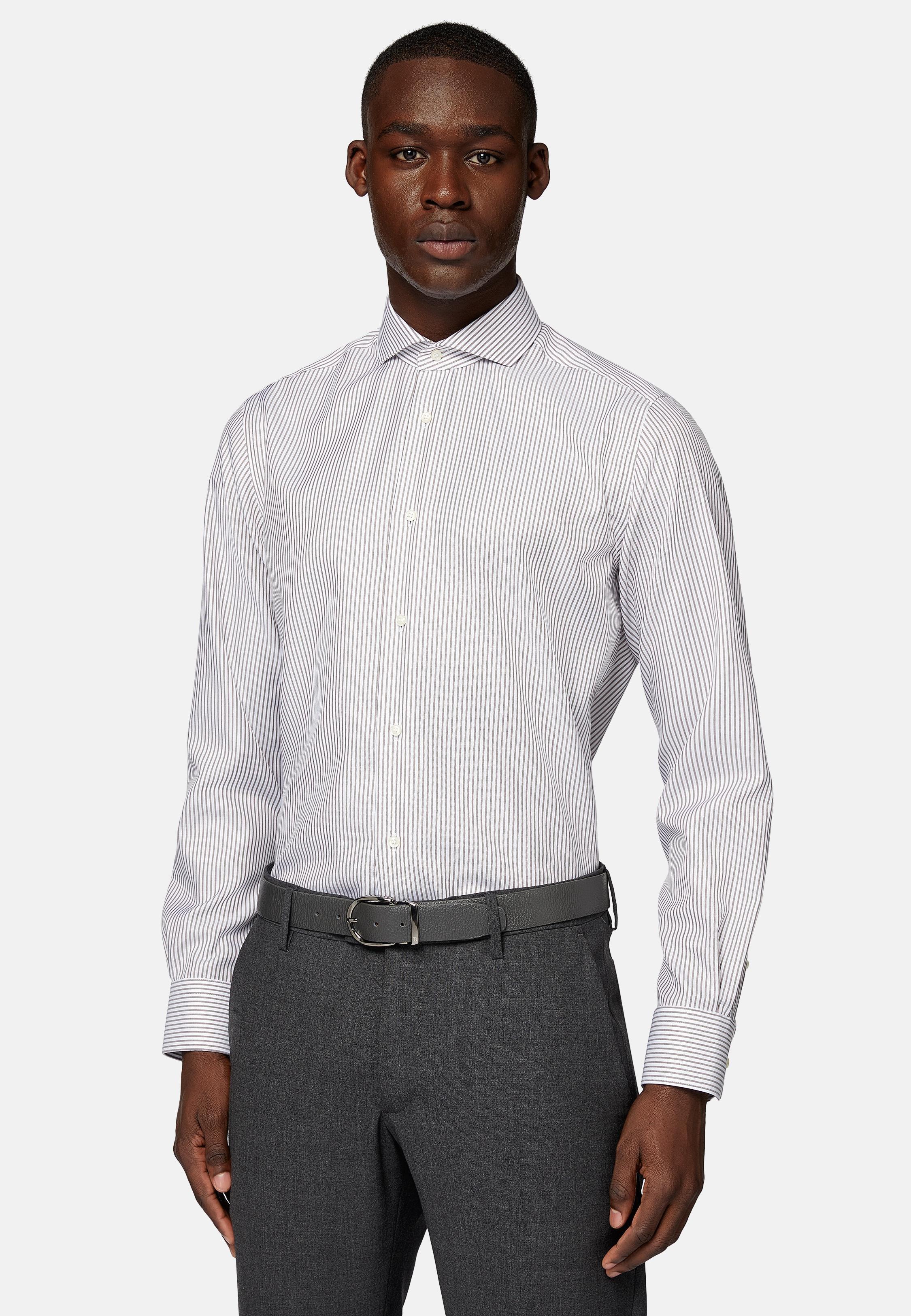 Brown Striped Cotton Twill Shirt, Brown, large image number 1