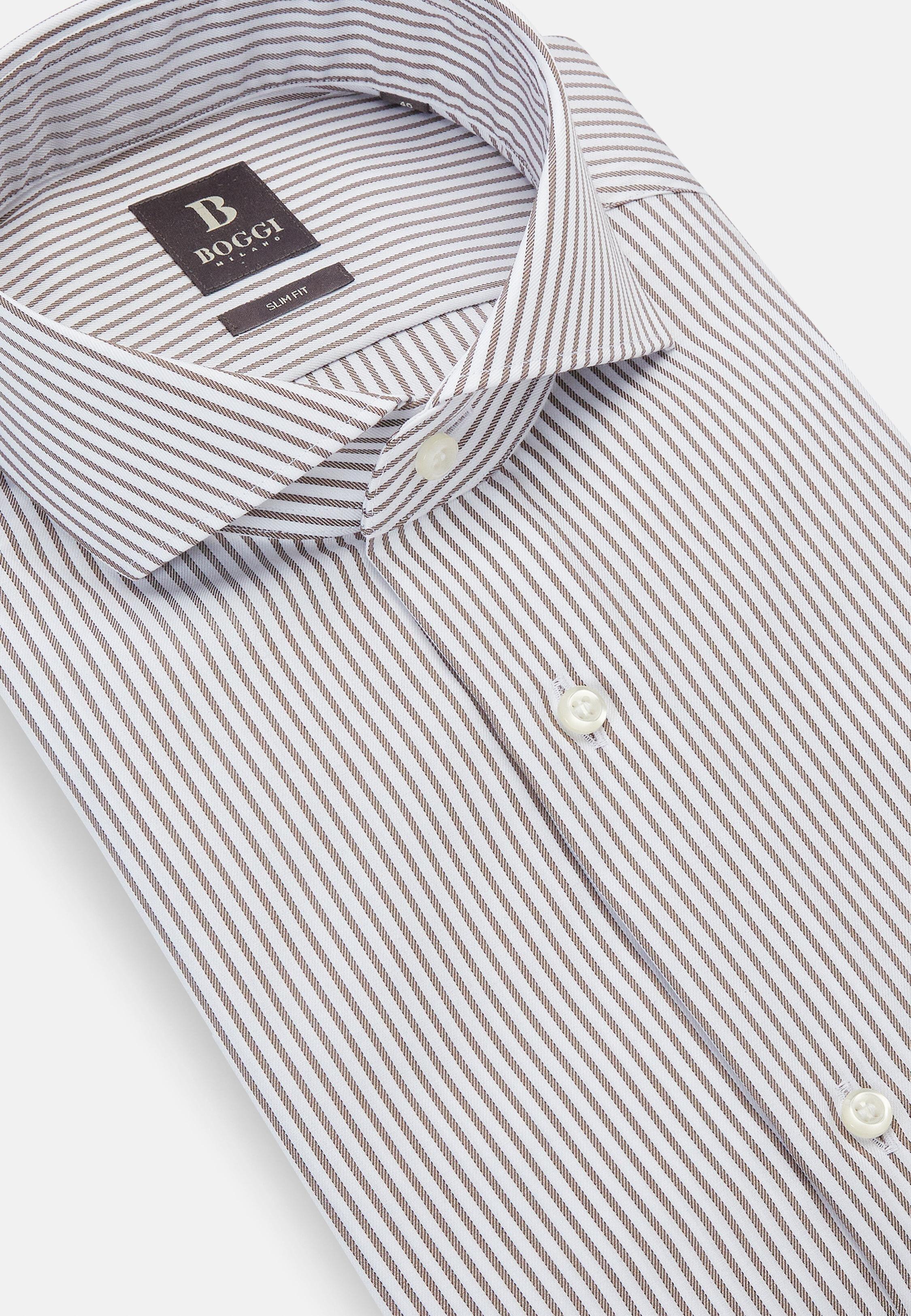 Brown Striped Cotton Twill Shirt, Brown, large image number 3