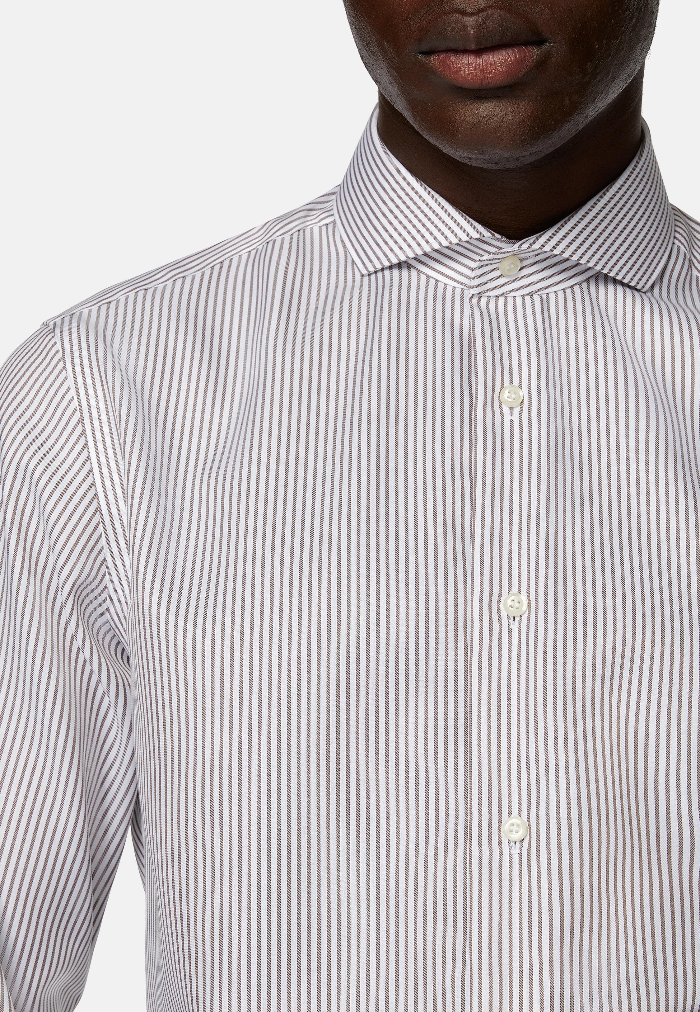 Brown Striped Cotton Twill Shirt, Brown, large image number 3