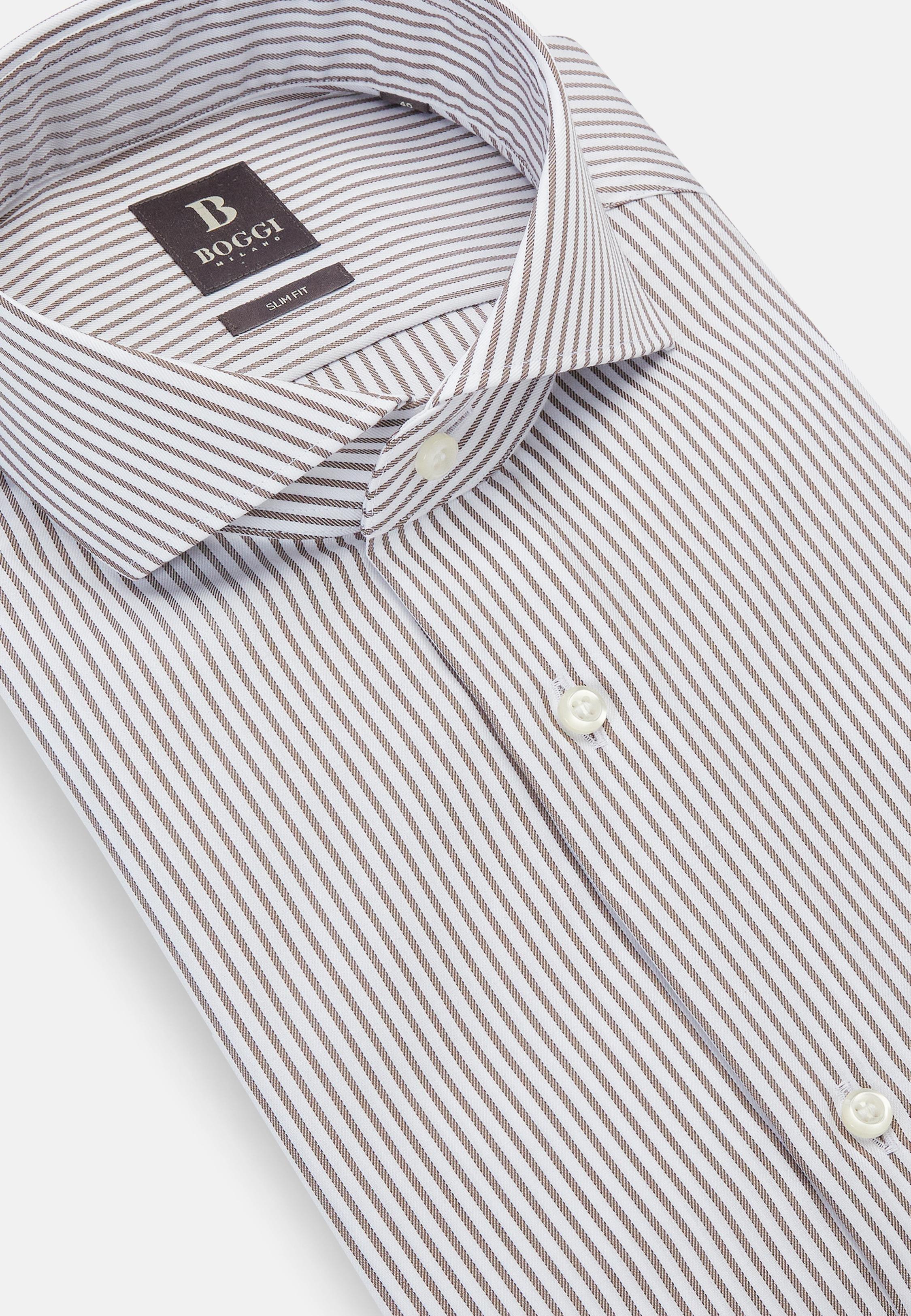 Brown Striped Cotton Twill Shirt, Brown, large image number 4