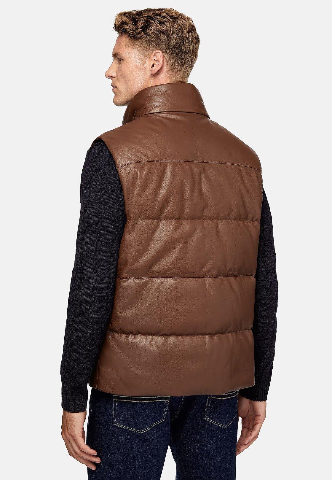 Brown Genuine Leather Gilet With Down Padding, , large image number 1