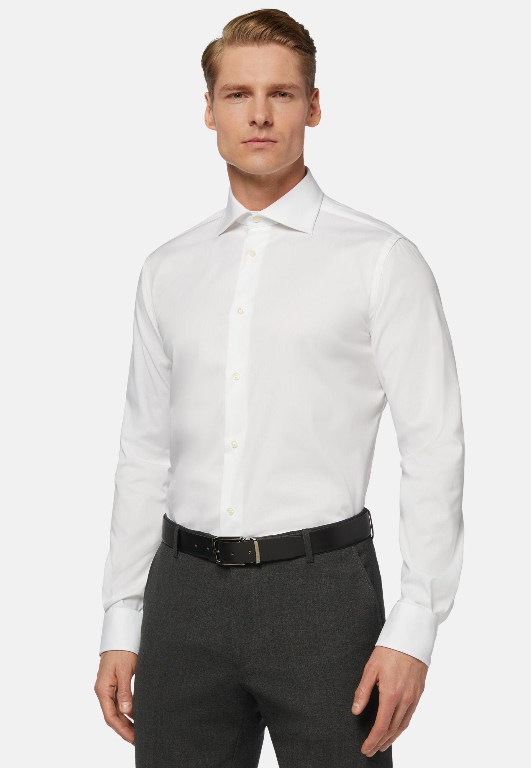 قميص قطني بنسيج Pinpoint بقصة طويلة أبيض, White, medium