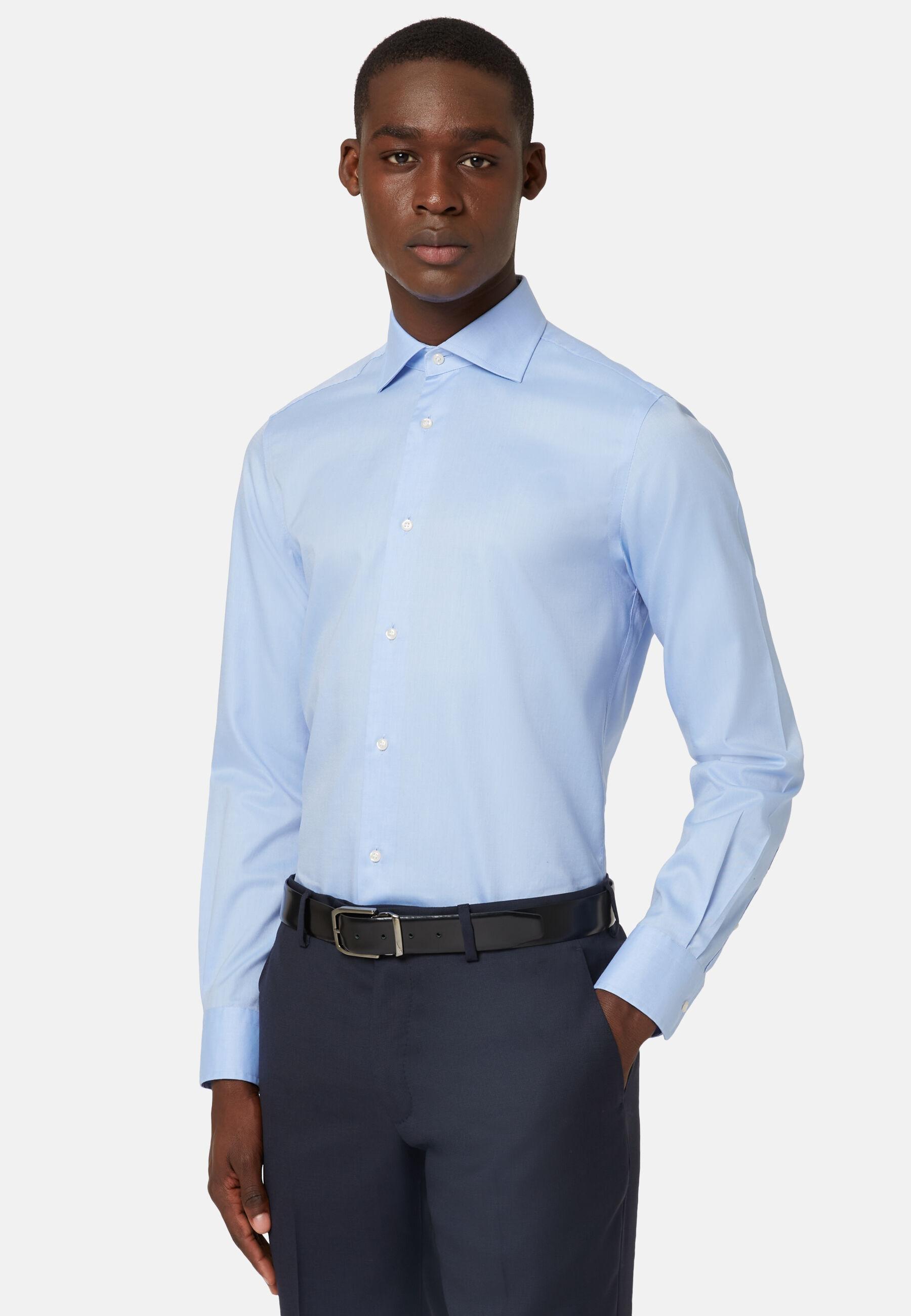 قميص قطني بتويل بقصة ضيقة أزرق, Light Blue, large image number 0
