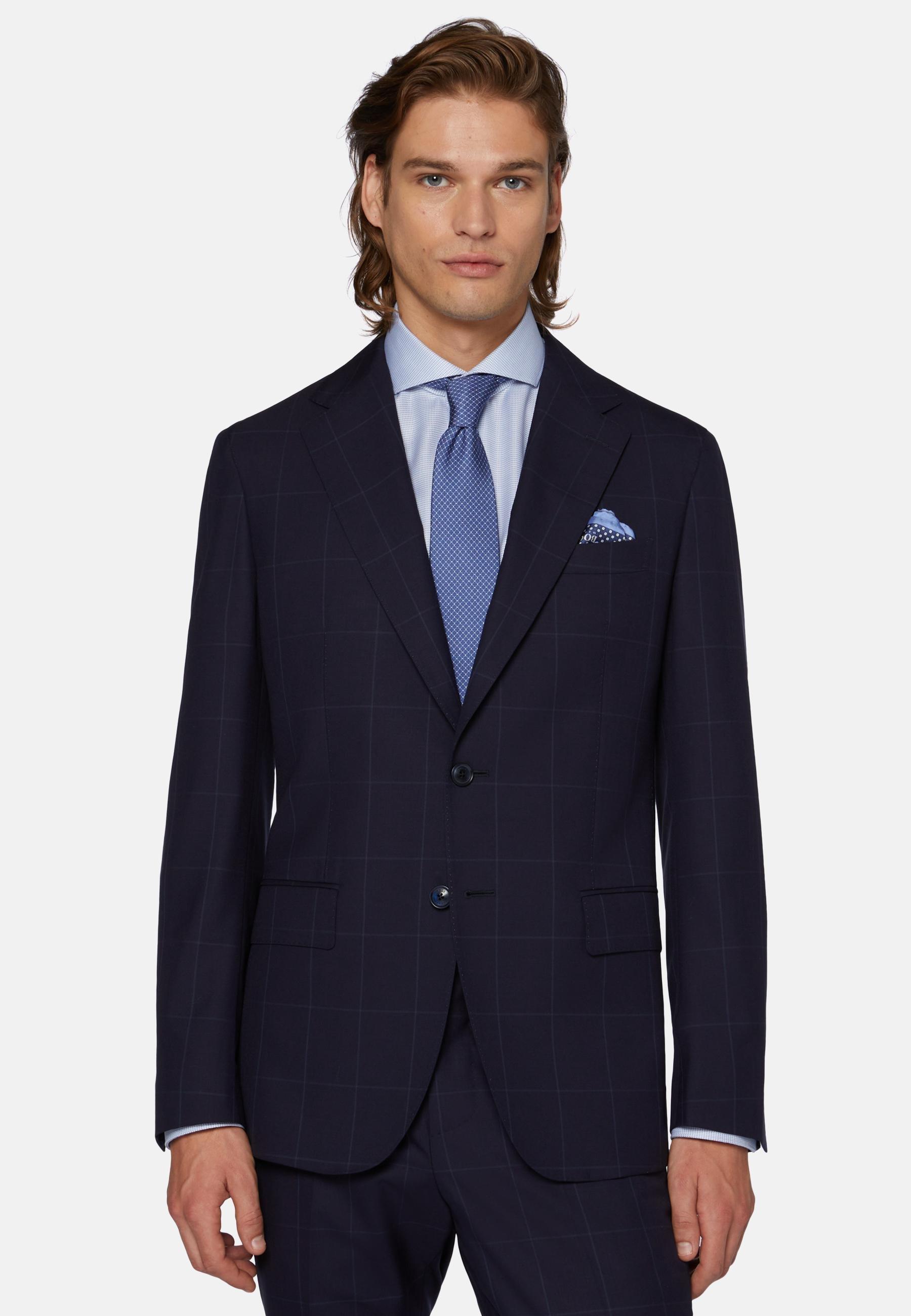 Windowpane Check Suit In Pure Wool Navy, , large image number 0