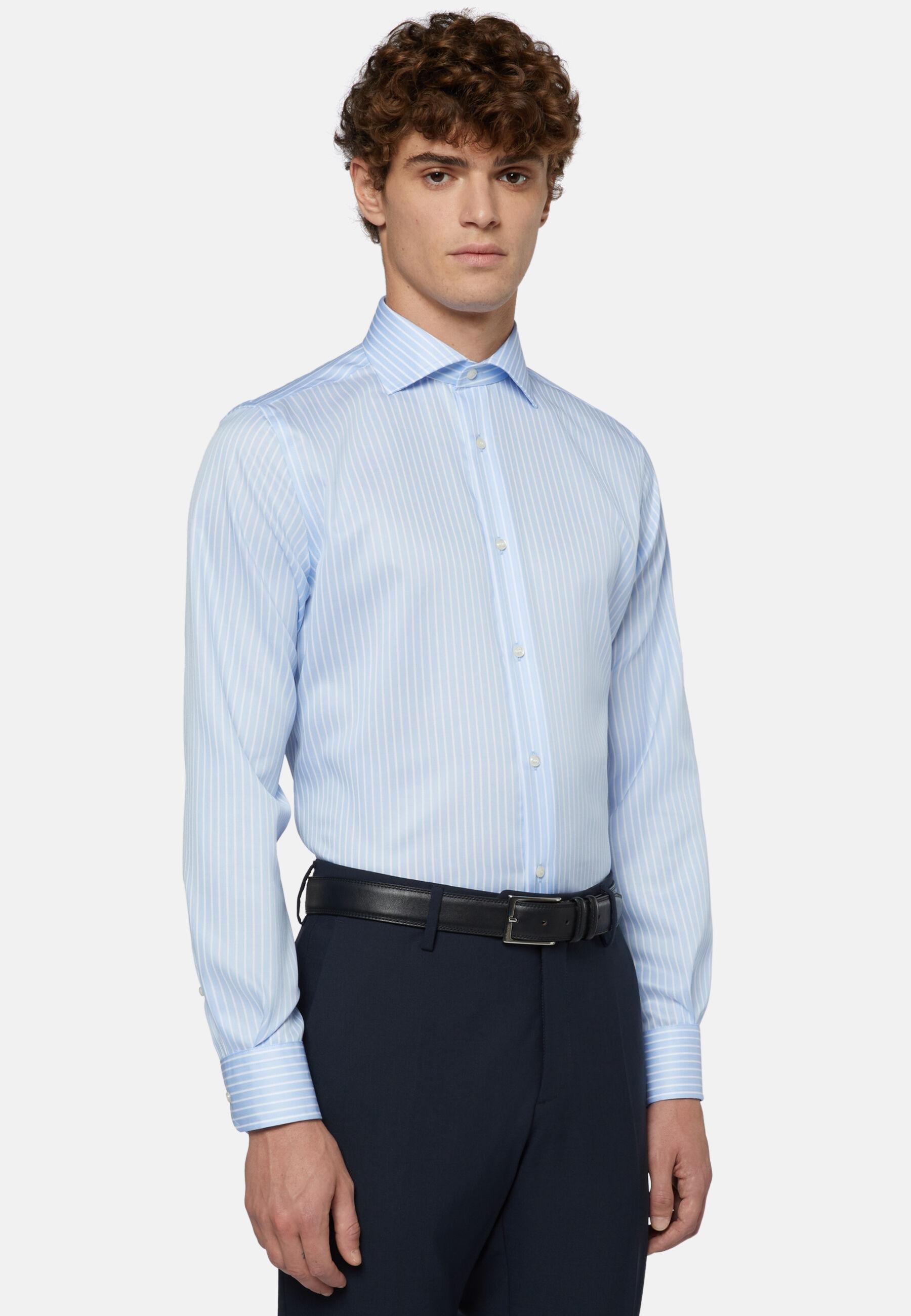 Striped Cotton Twill Shirt Blue, Light Blue, large image number 1