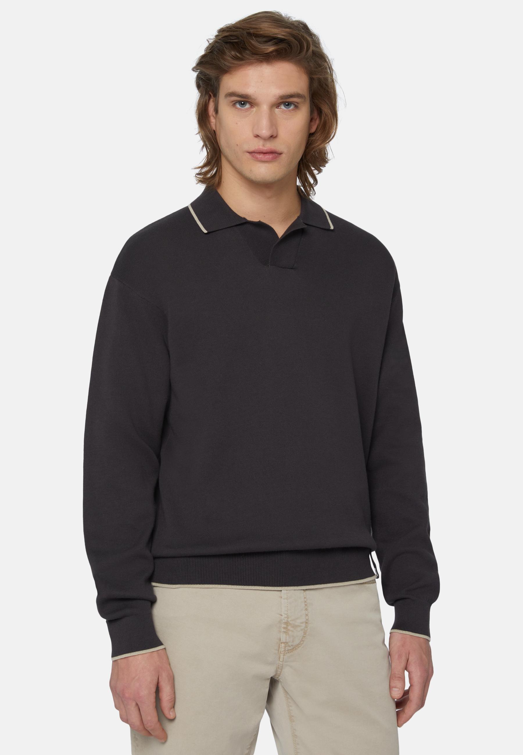 Cotton Open Neck Polo Jumper Black, Black, large image number 0