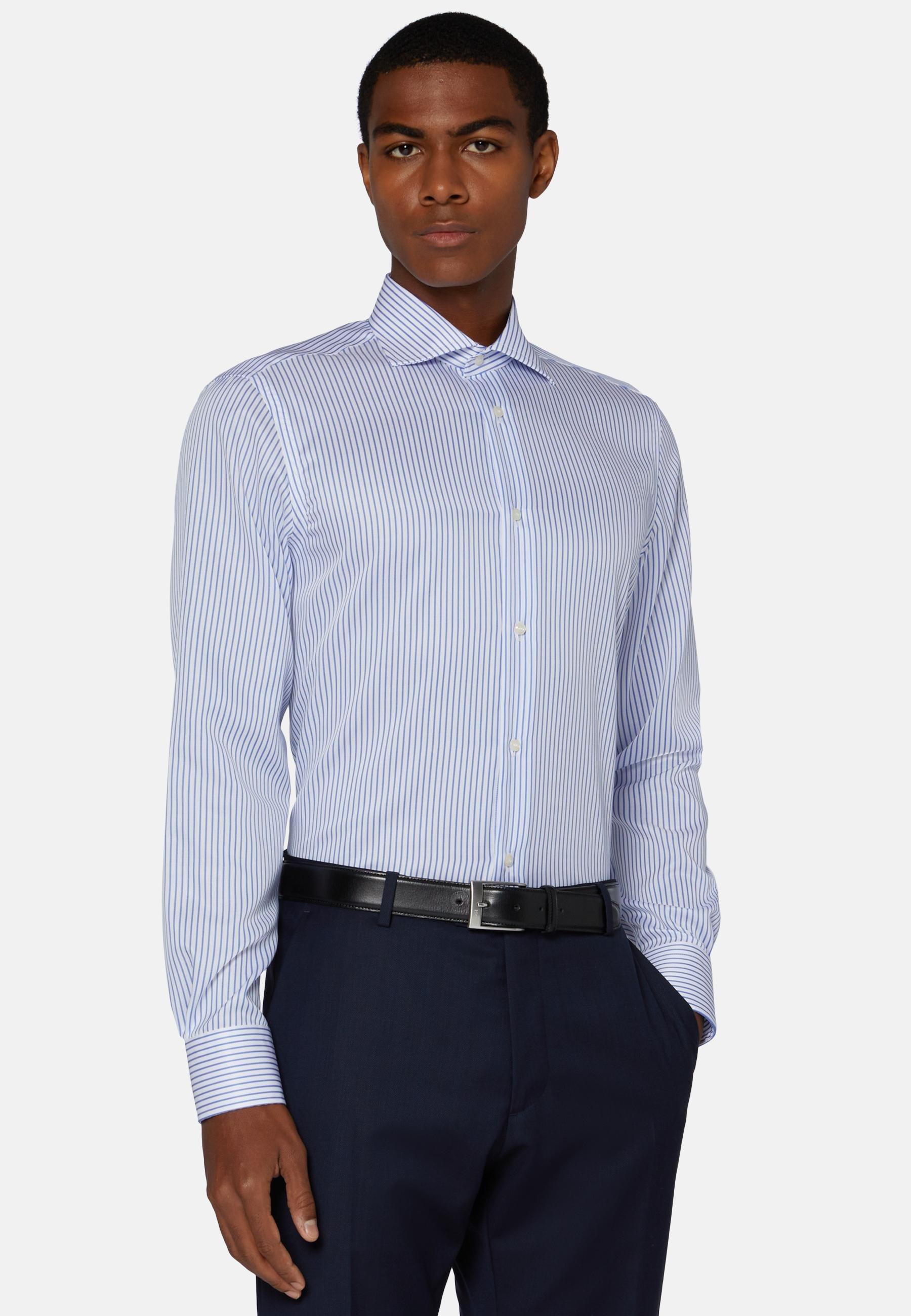 Slim Fit Royal Striped Cotton Twill Shirt Blue, Bluette, large image number 0