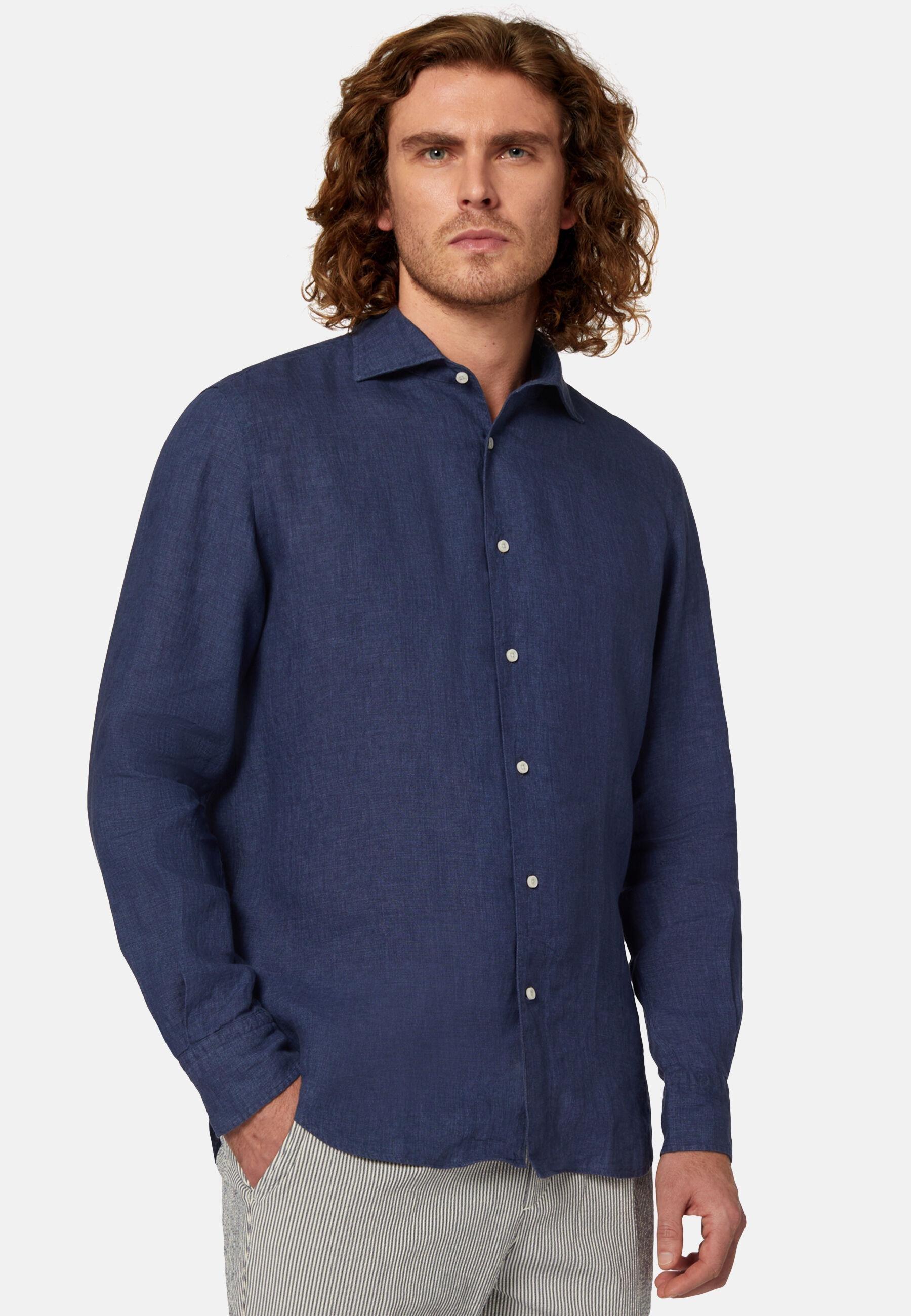 Linen Shirt Navy, Navy blue, medium