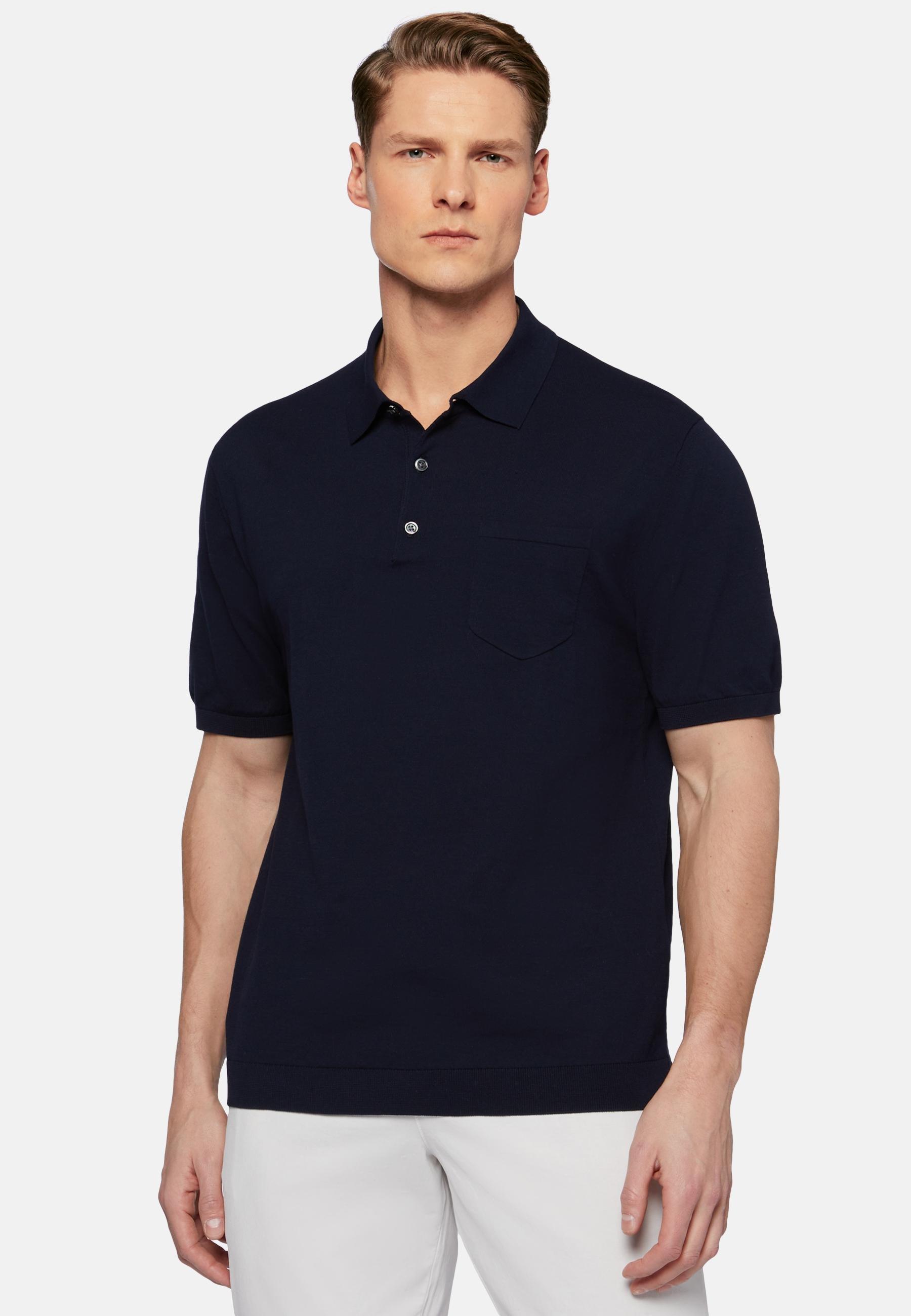 Cotton Crepe Knit Polo Shirt Navy, Navy blue, large image number 0