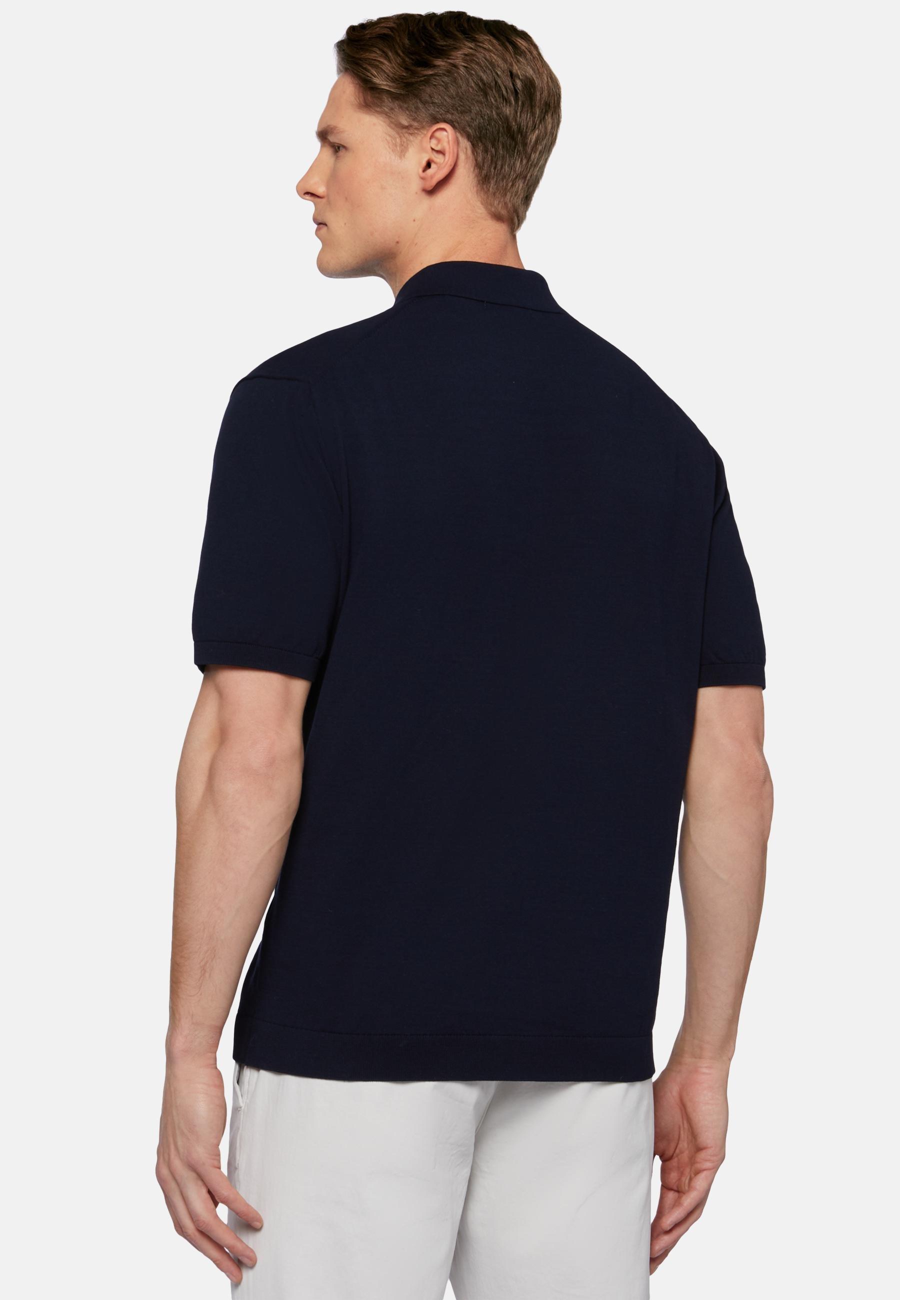 Cotton Crepe Knit Polo Shirt Navy, Navy blue, large image number 1