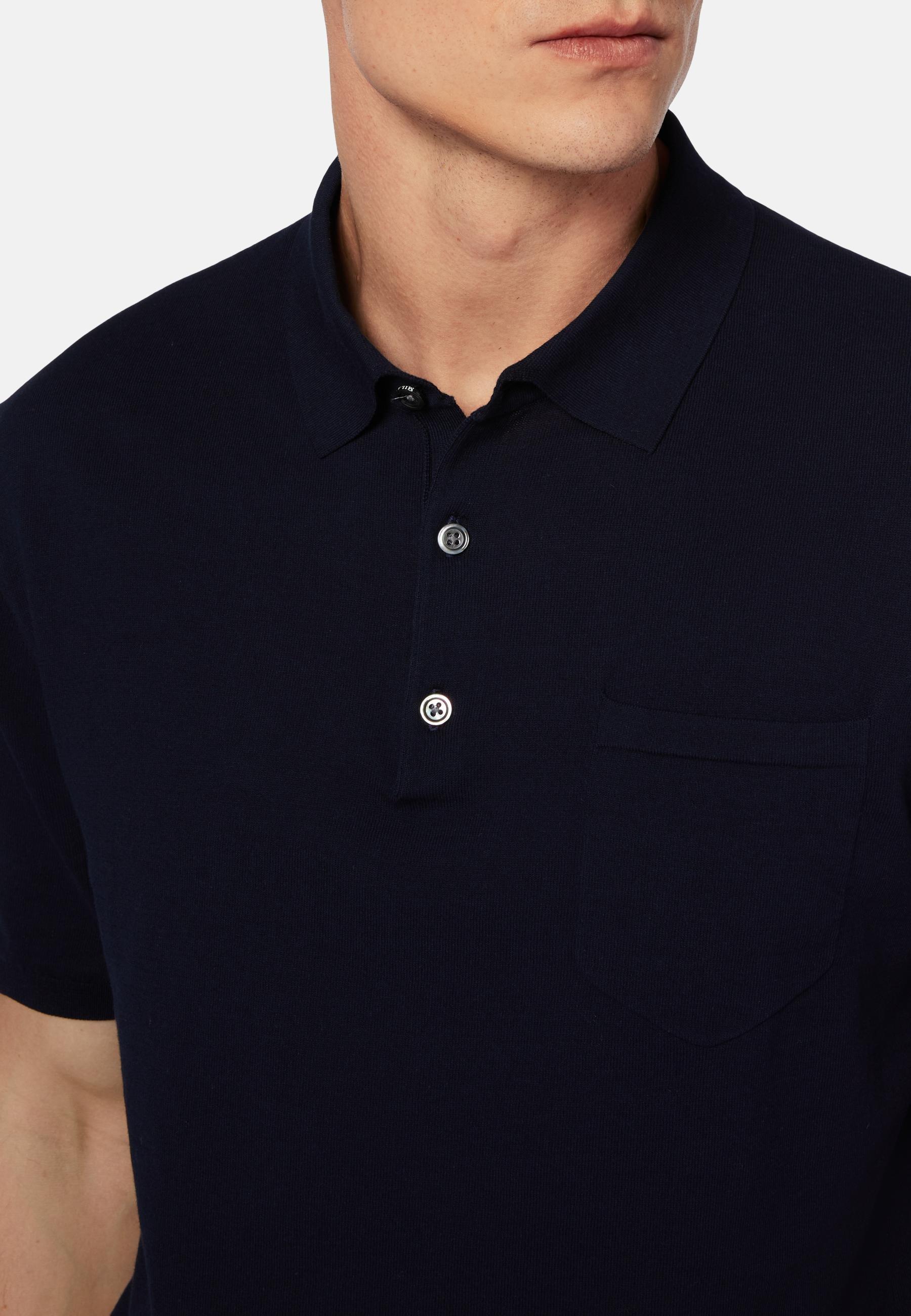 Cotton Crepe Knit Polo Shirt Navy, Navy blue, large image number 2