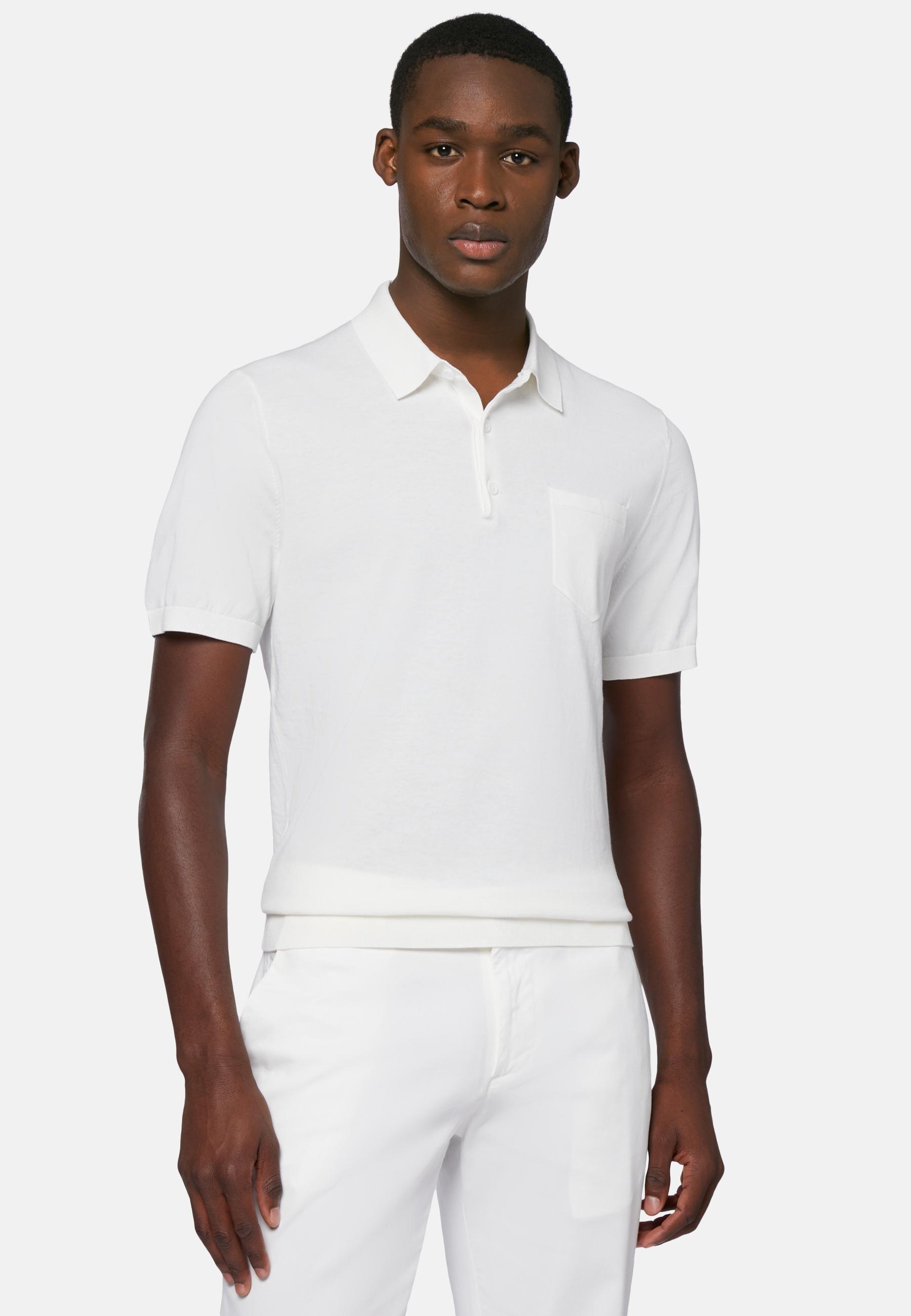 Cotton Crepe Knit Polo Shirt White, White, large image number 0