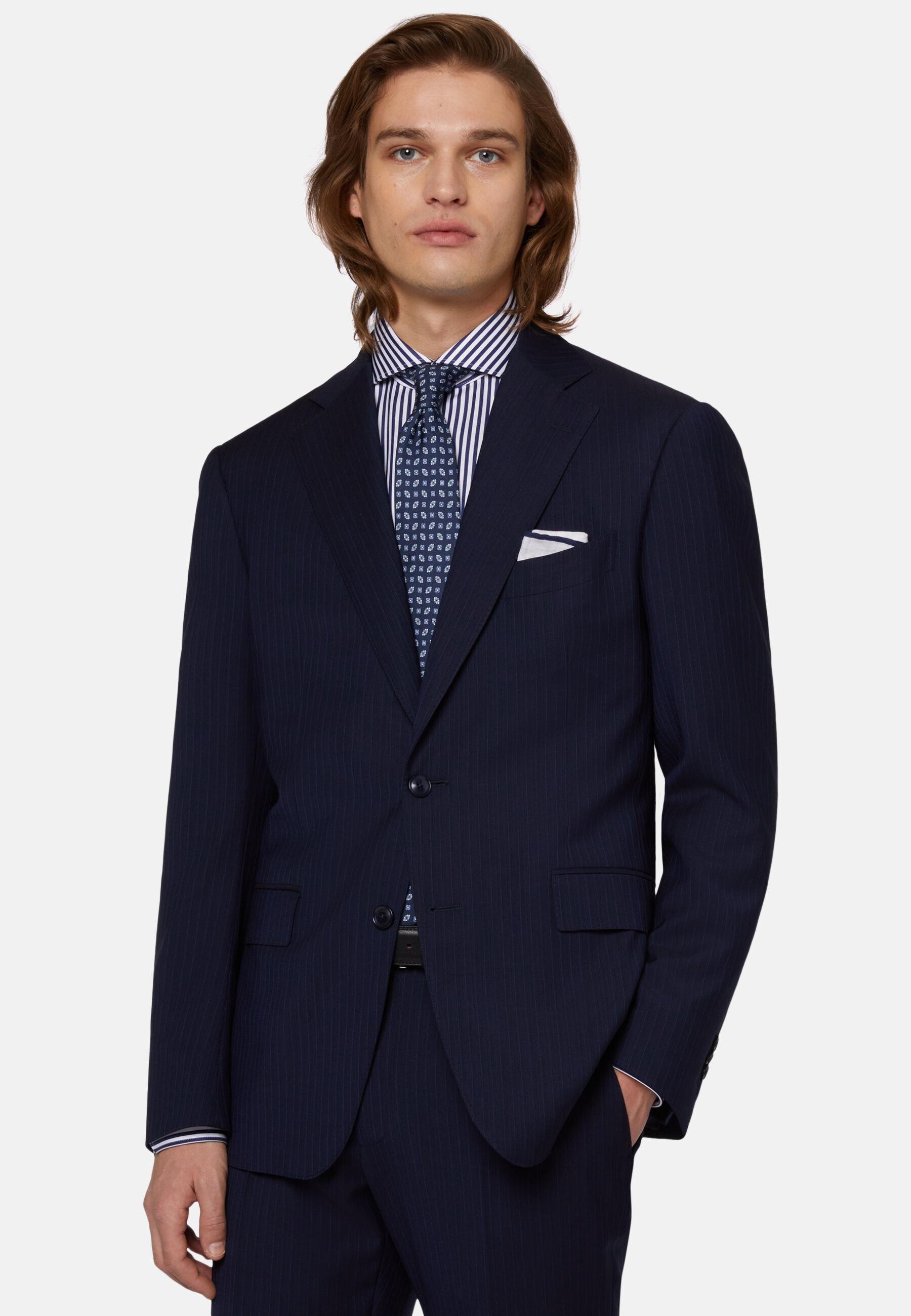 Pure Wool Pinstripe Suit Navy, Navy blue, medium