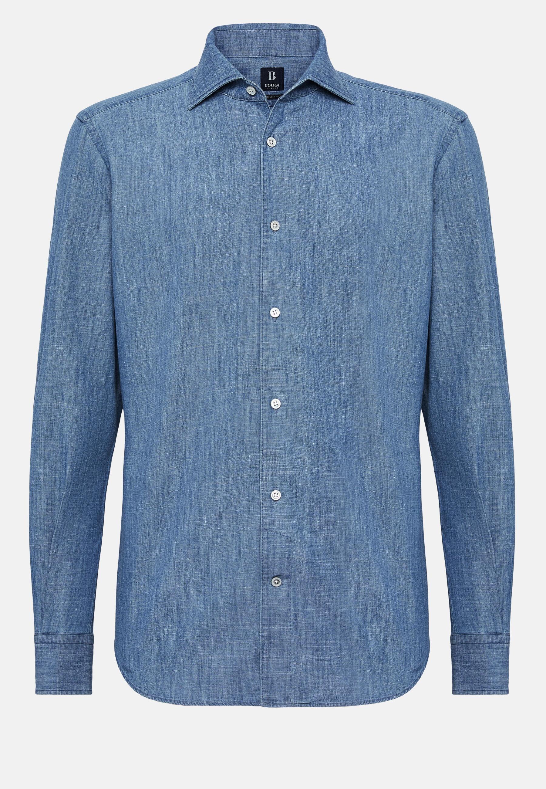 Cotton Denim Shirt Blue, Indigo, large image number 6