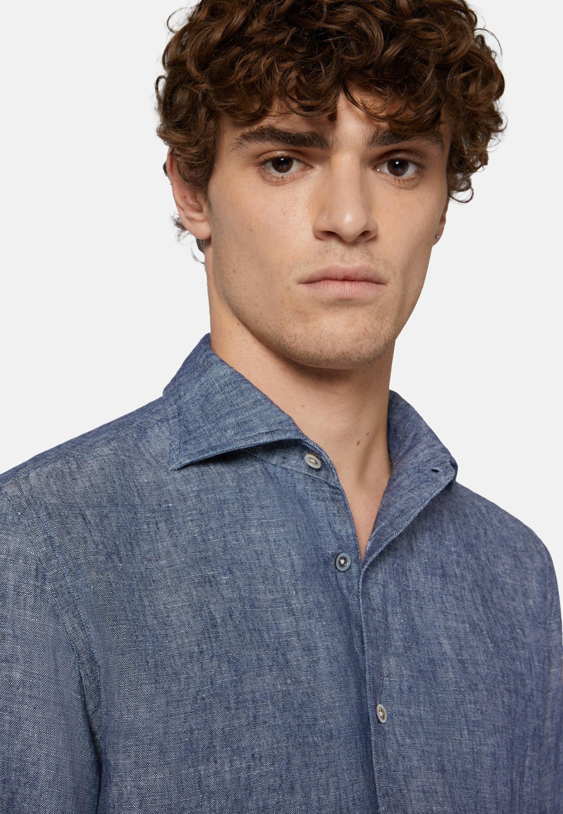 Cotton And Linen Denim Shirt Blue, Medium Blue, large image number 1