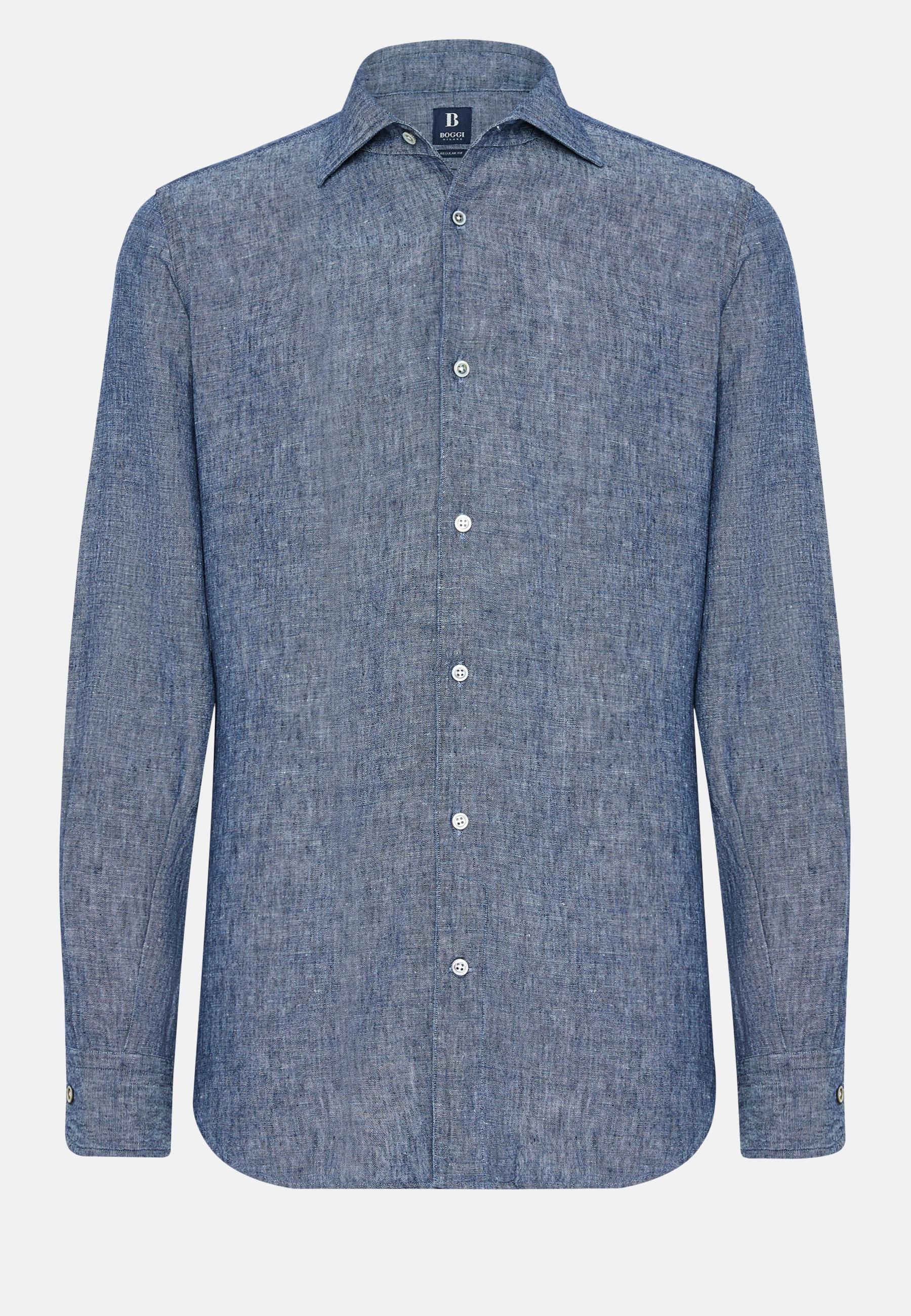 Cotton And Linen Denim Shirt Blue, Medium Blue, large image number 4