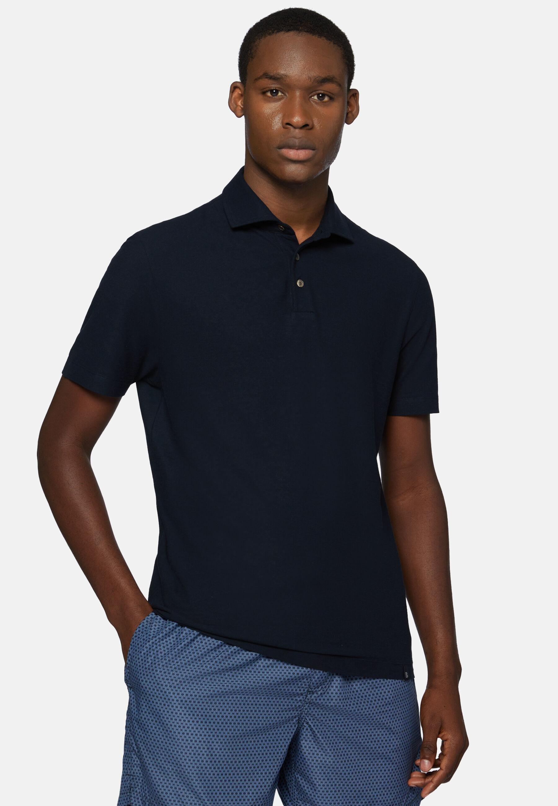 Cotton Crepe Jersey Polo Shirt Navy, Navy blue, large image number 1