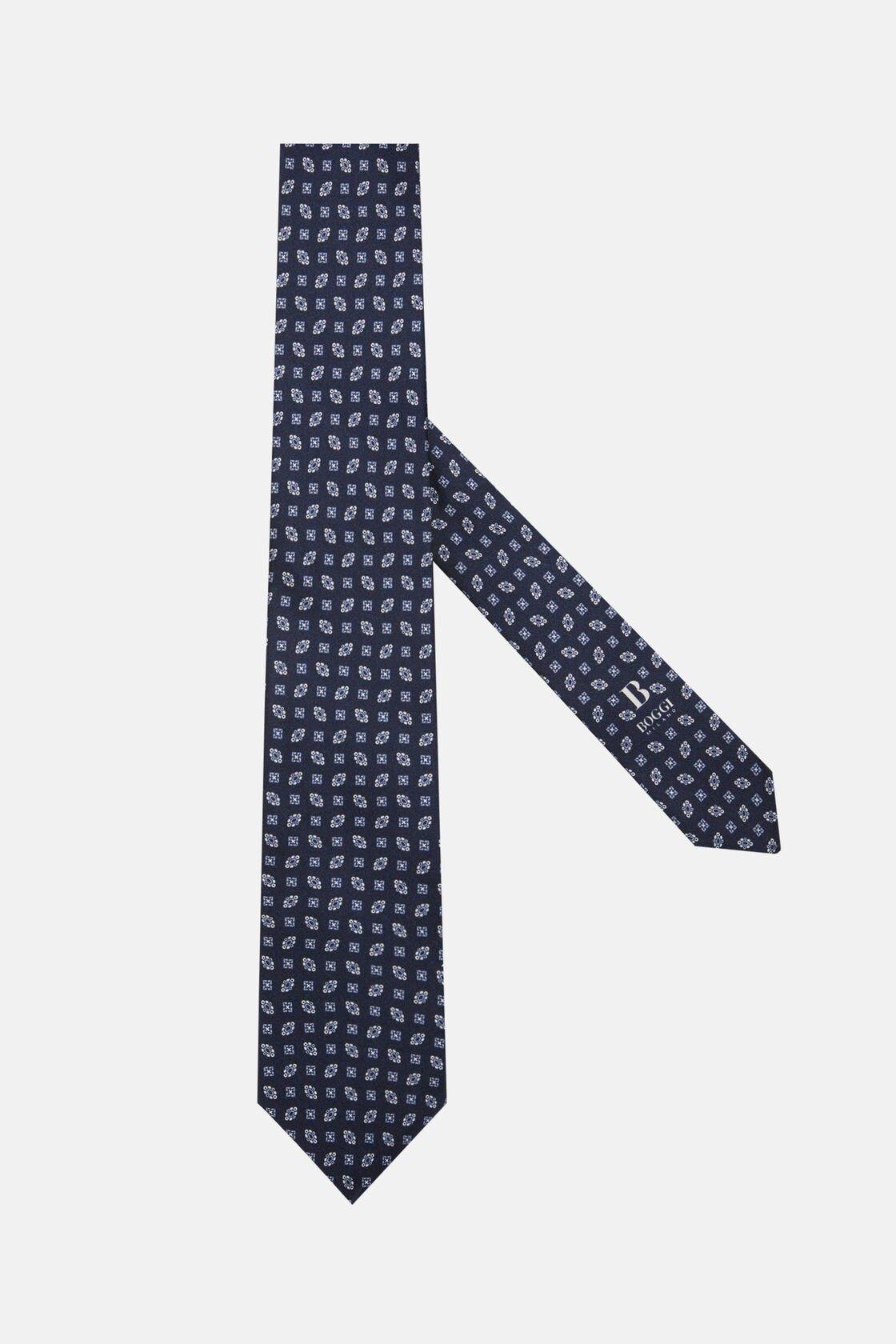 Geometric Patterned Silk Tie Navy, Navy blue, large image number 0