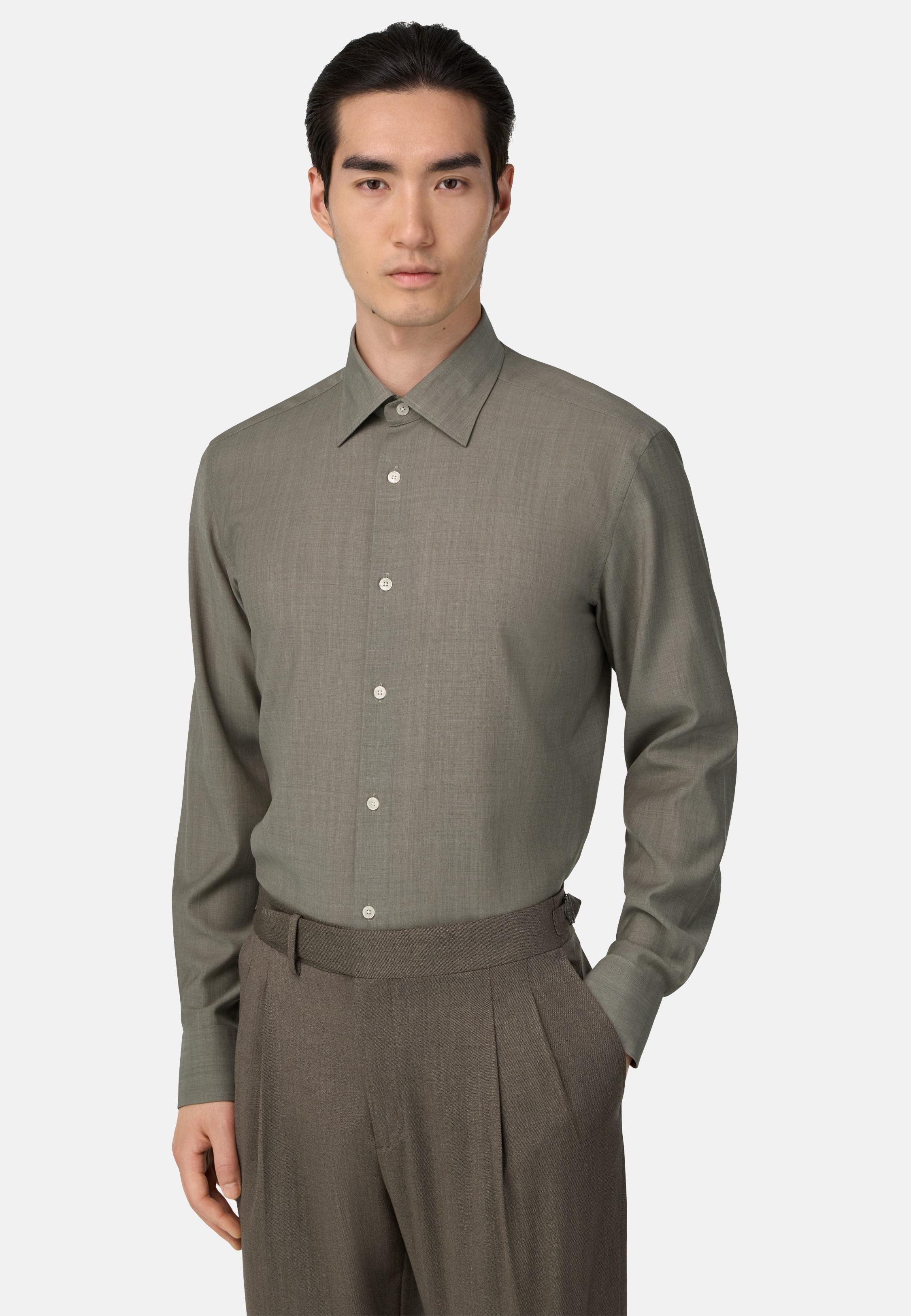 BROWN Regular Fit Wool Shirt, Taupe, large image number 0