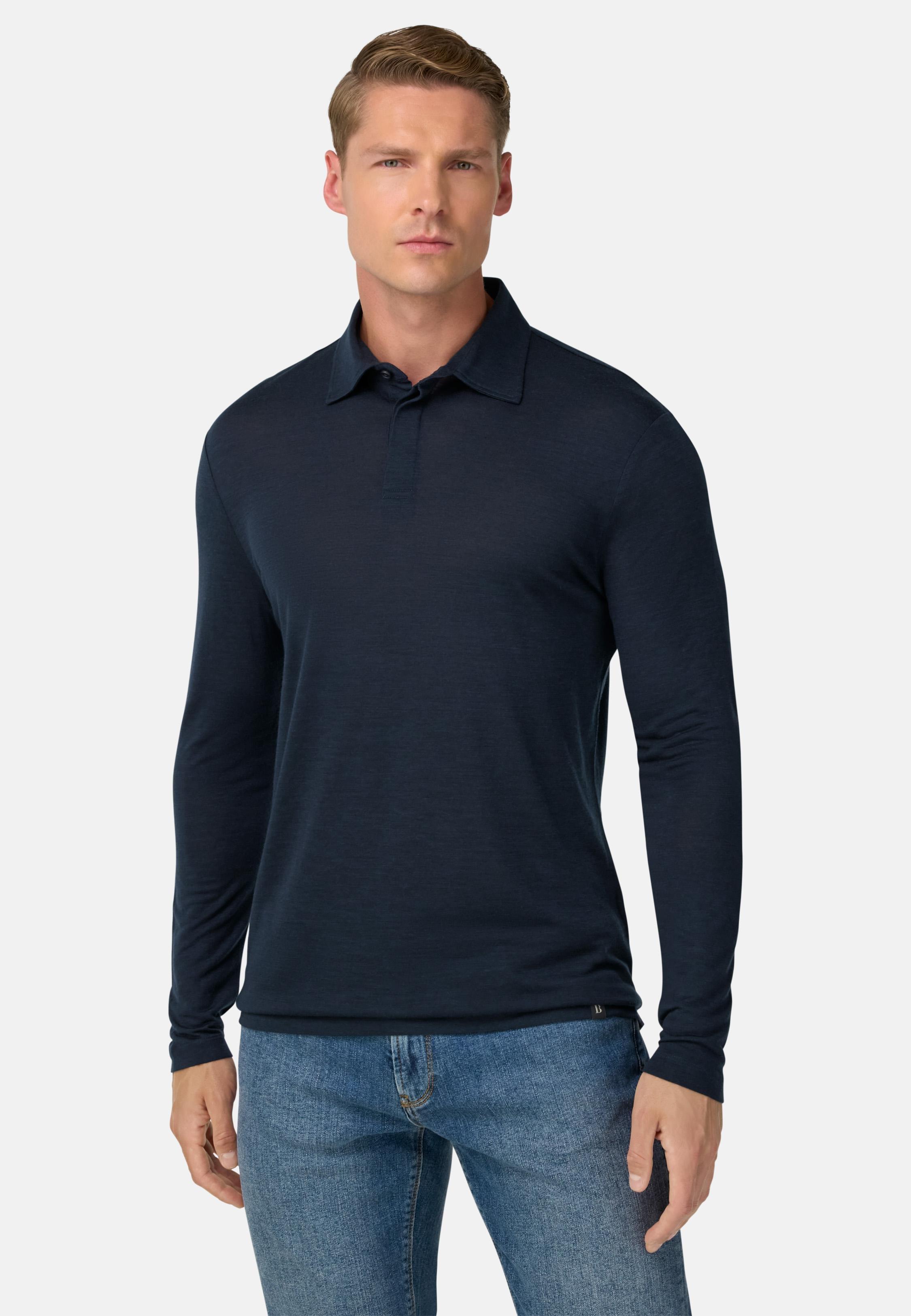 BLUE Polo Shirt in a Blend of Wool and Tencel, Navy blue, medium