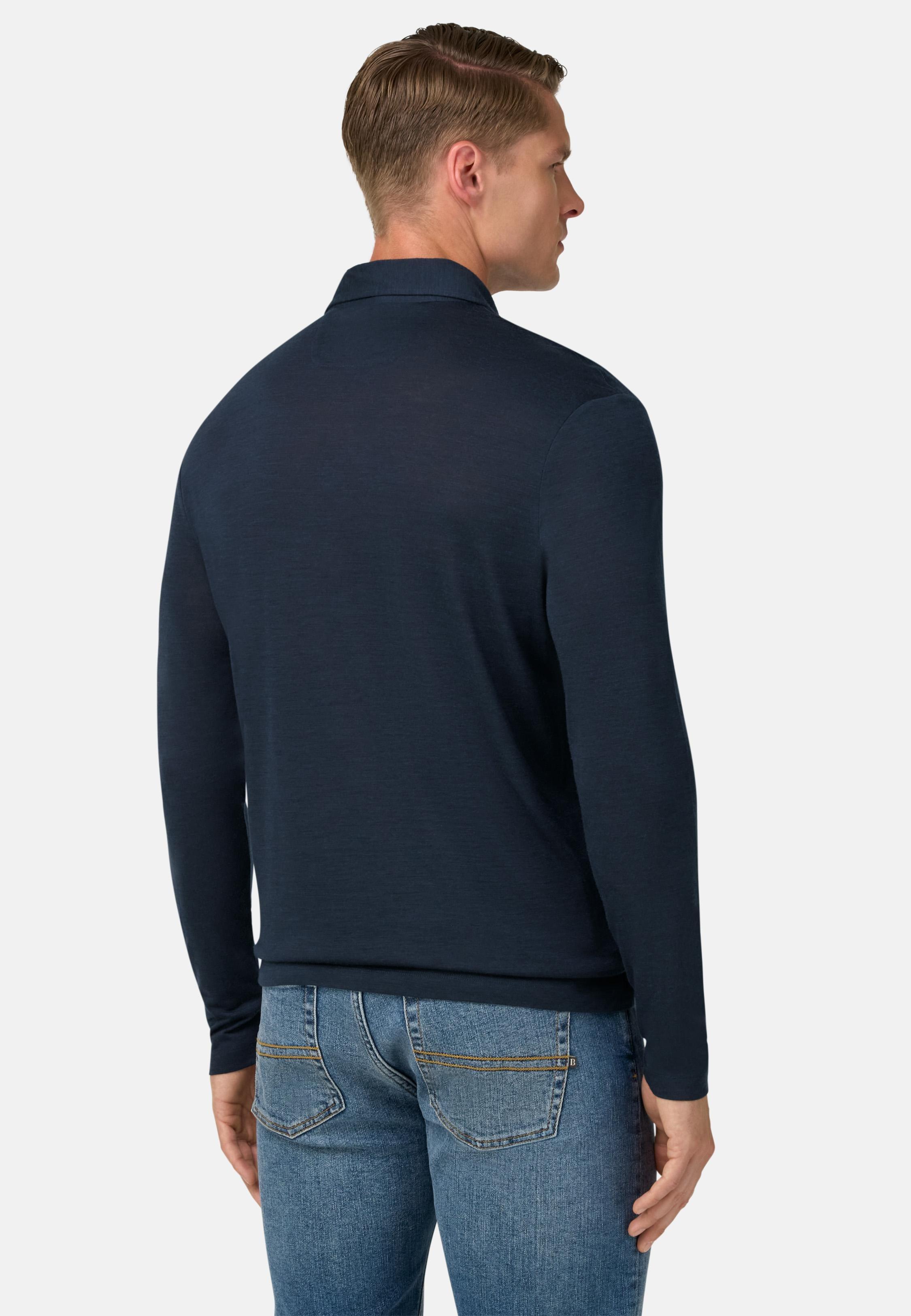 BLUE Polo Shirt in a Blend of Wool and Tencel, Navy blue, medium