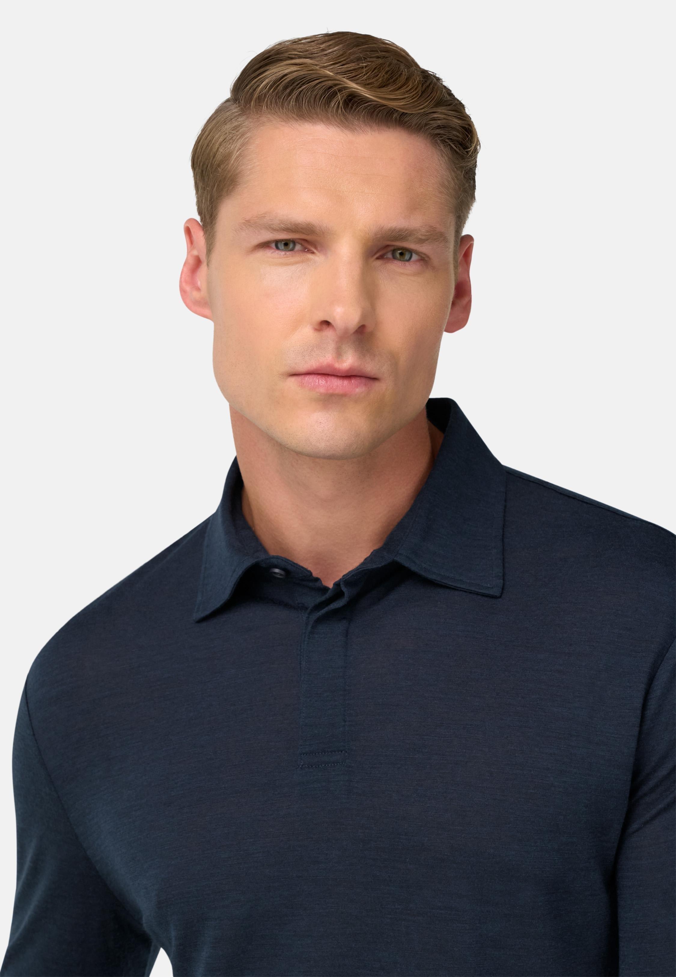 BLUE Polo Shirt in a Blend of Wool and Tencel, Navy blue, large image number 3