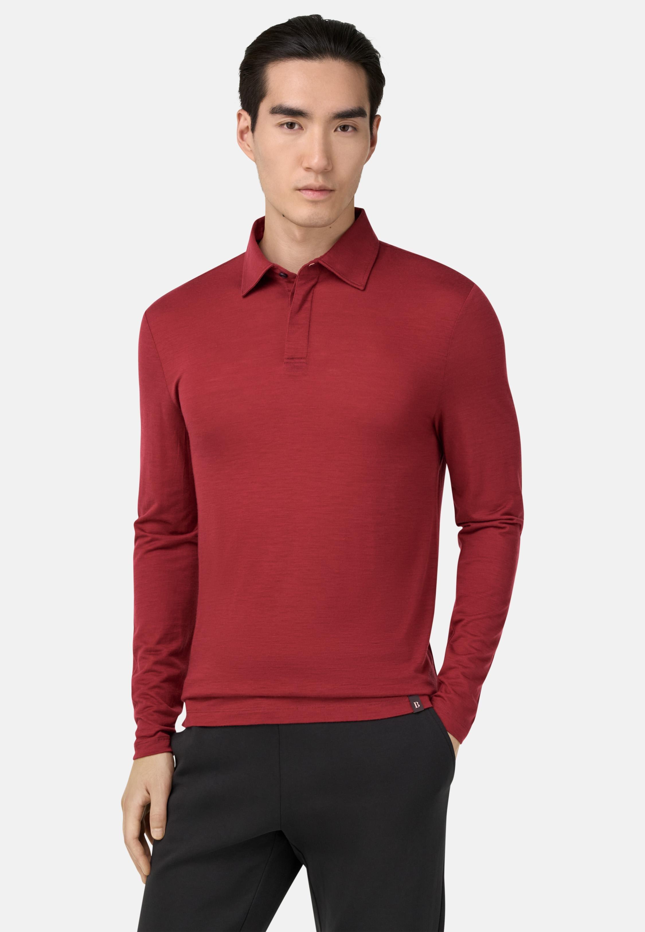 RED Polo Shirt in a Blend of Wool and Tencel, Burgundy, medium