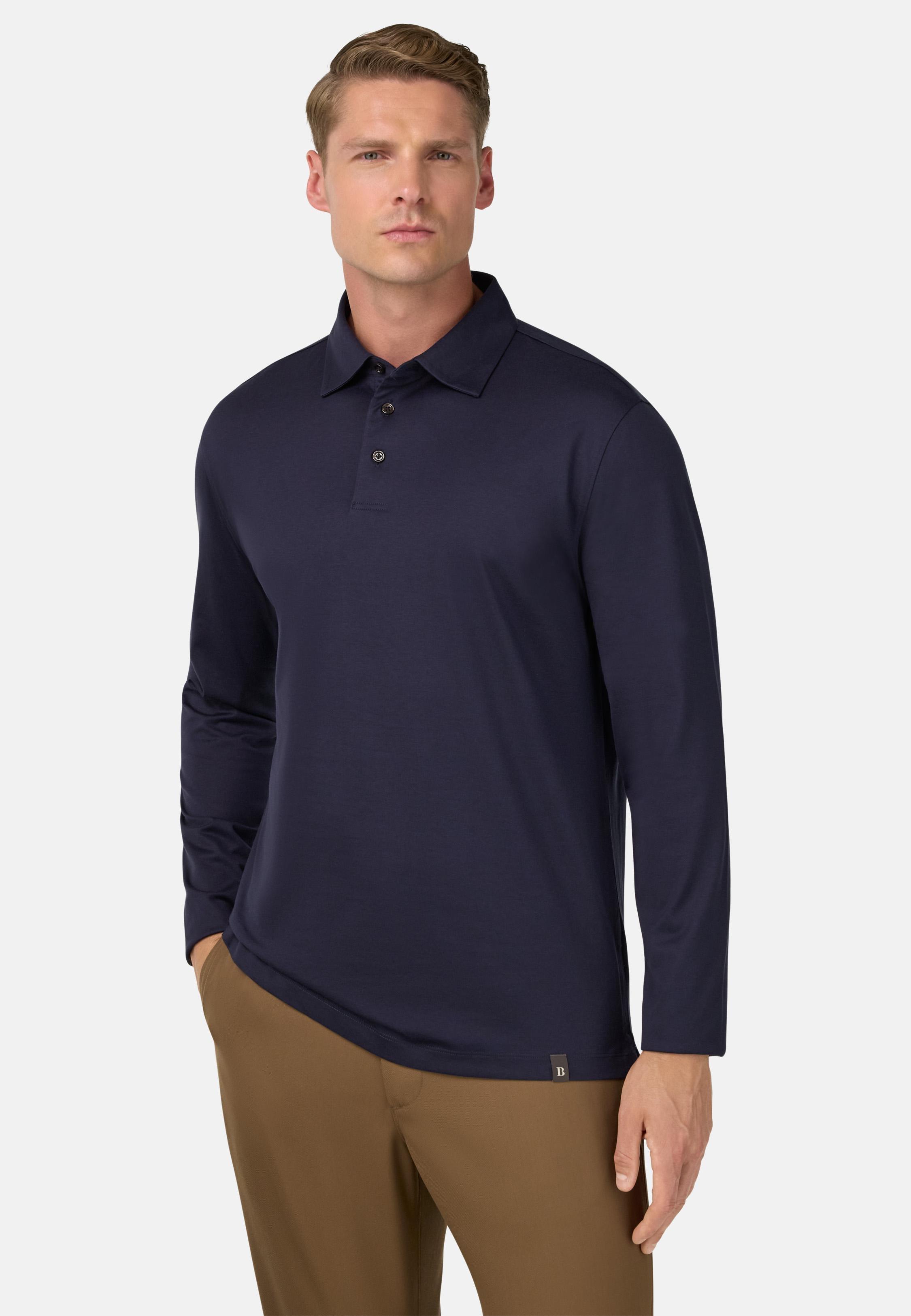 BLUE Cotton and Silk Blend Polo Shirt, Navy blue, medium