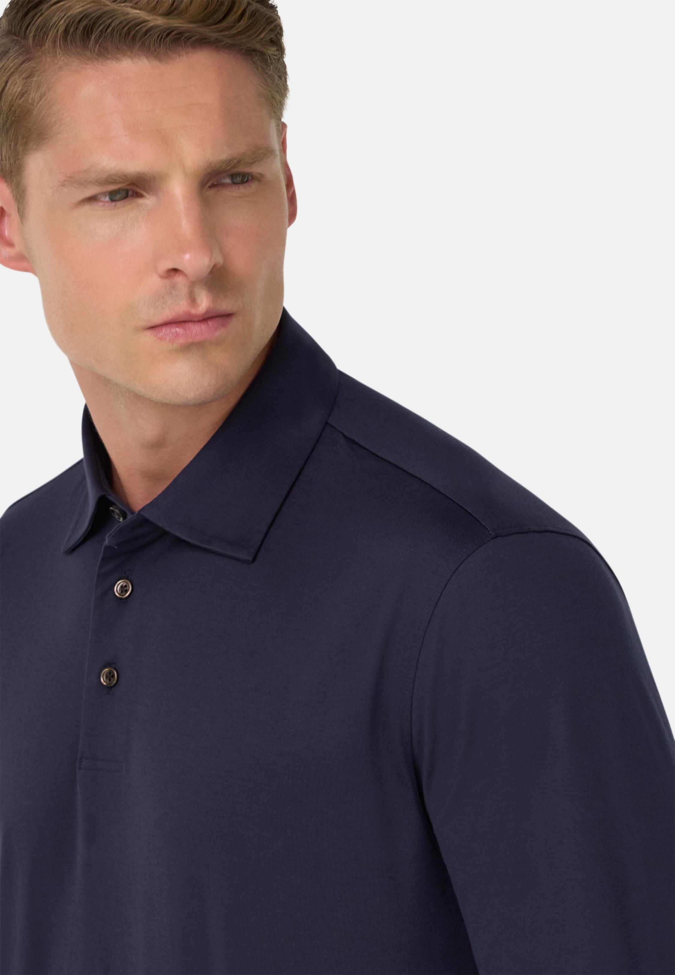 BLUE Cotton and Silk Blend Polo Shirt, Navy blue, medium