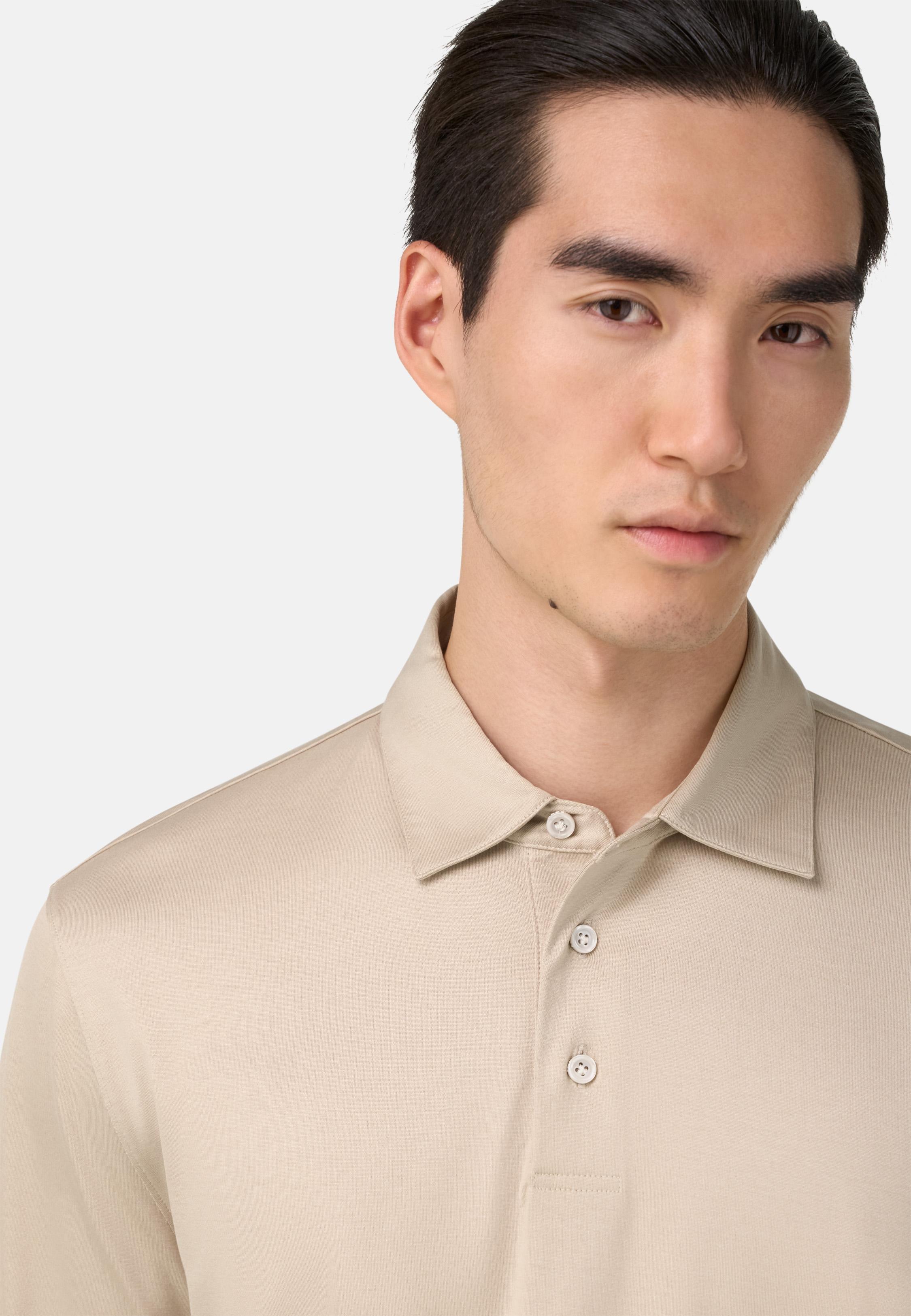BEIGE Cotton and Silk Blend Polo Shirt, Sand, large image number 3