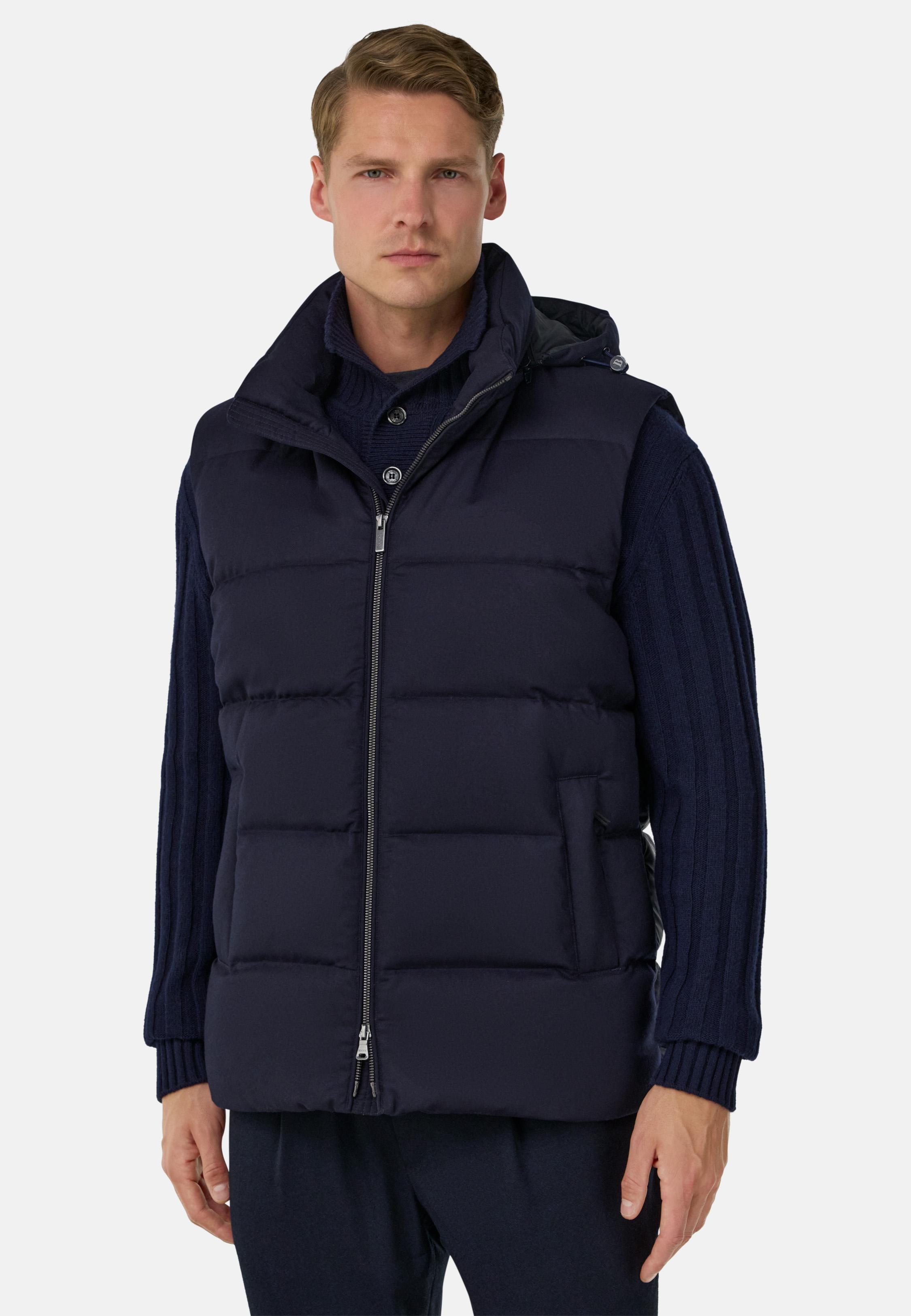 Down-Filled Flannel Gilet With Hood Blue, Navy blue, medium