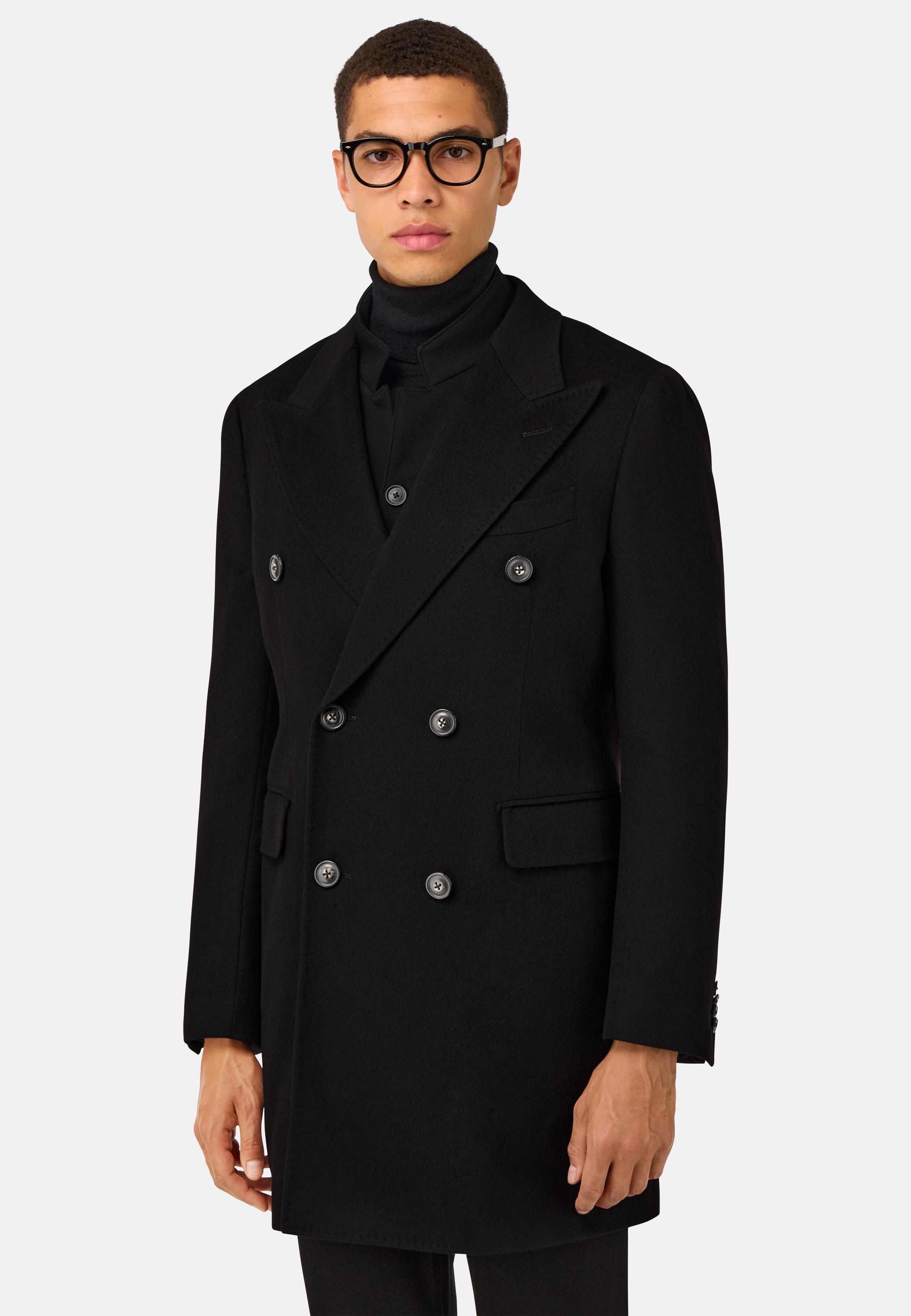 BLACK Double-Breasted Coat in Pure Cashmere., , large image number 0
