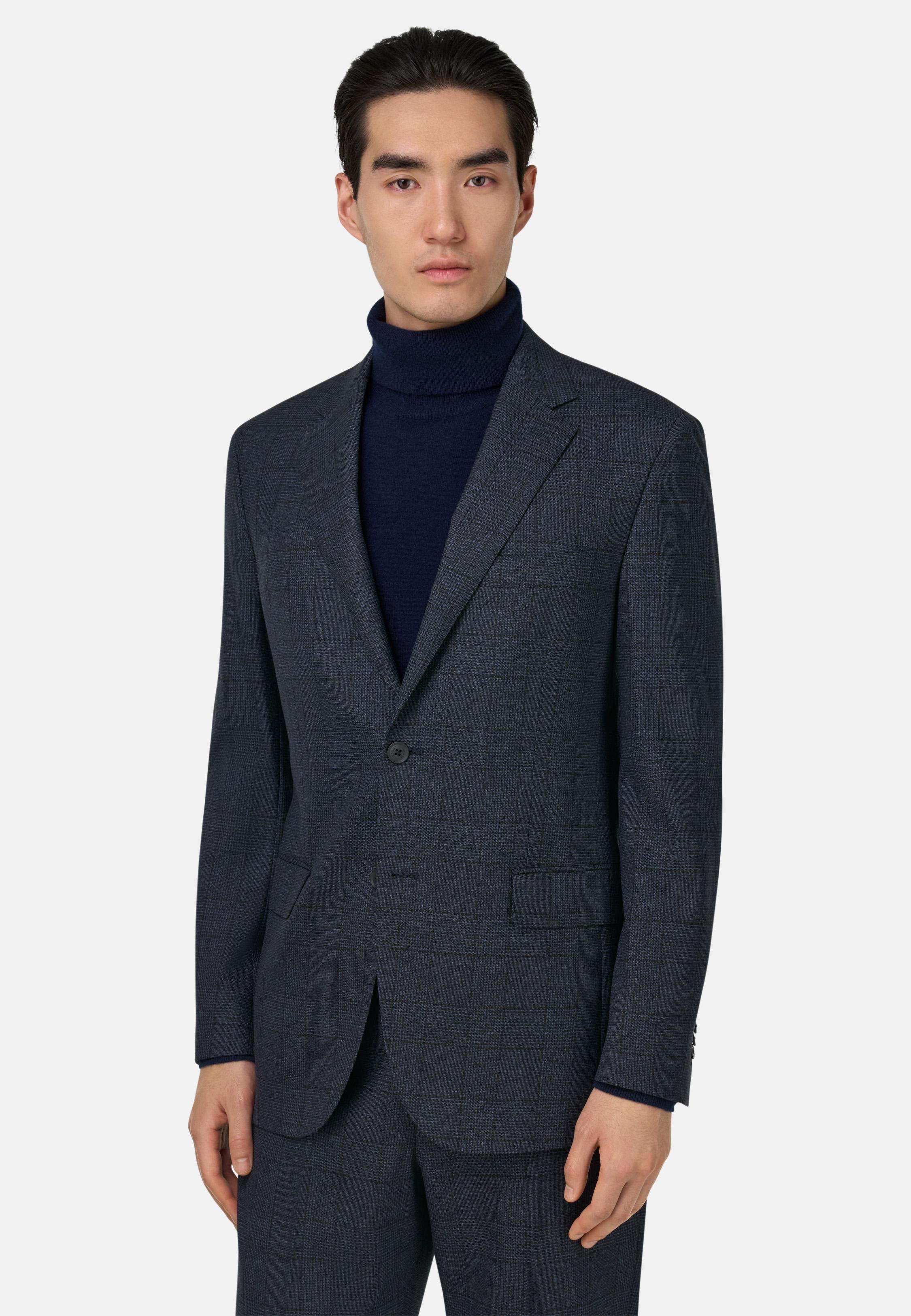 Prince Of Wales Check Suit In Pure Wool Blue, Navy blue, medium