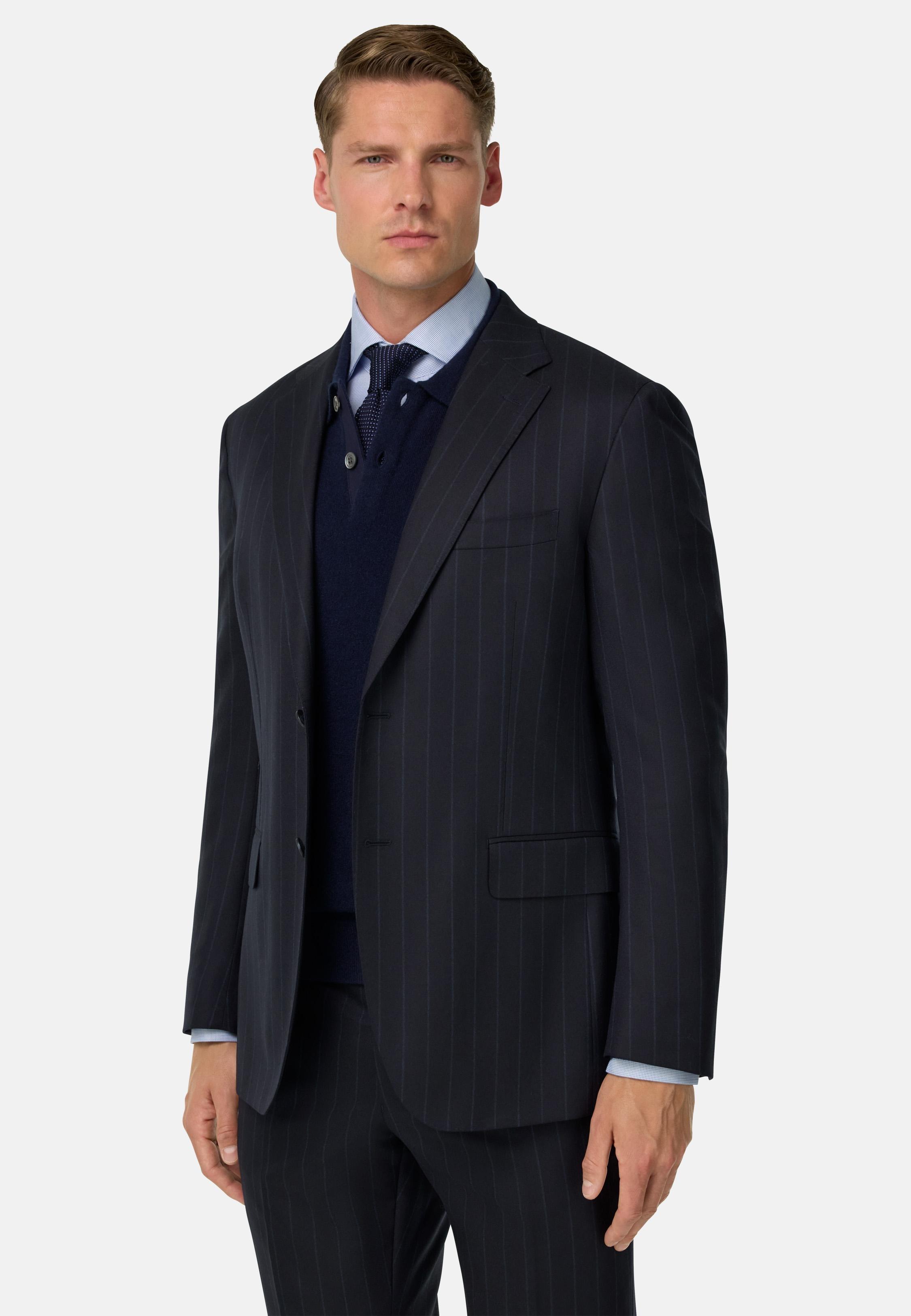 Pinstripe Pure Wool Suit Navy, Navy blue, medium