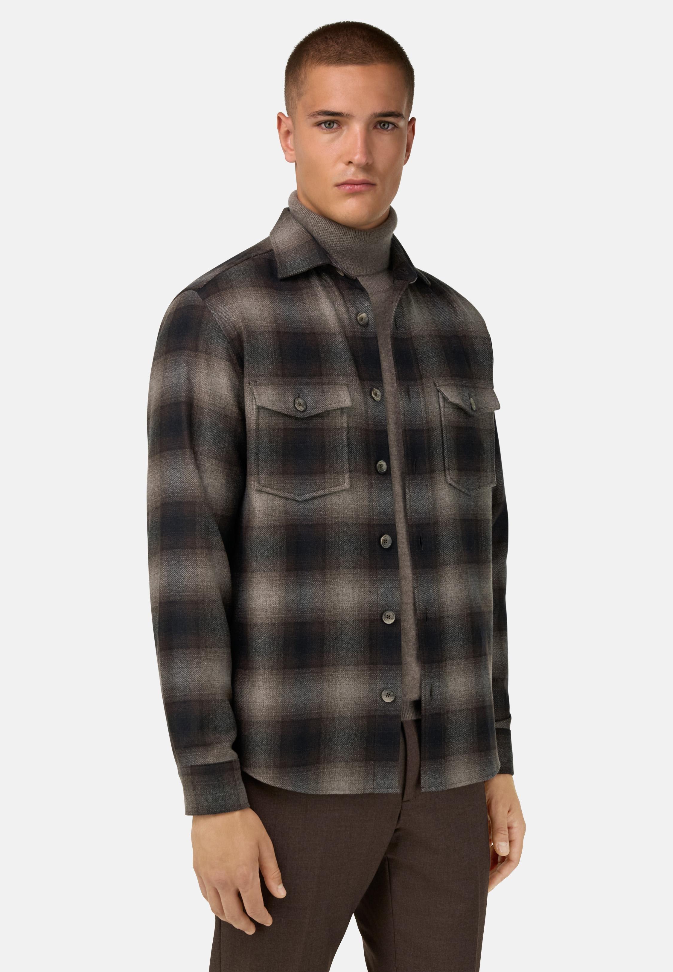 Checked Overshirt in Wool and Tencel Flannel Brown, Brown, medium