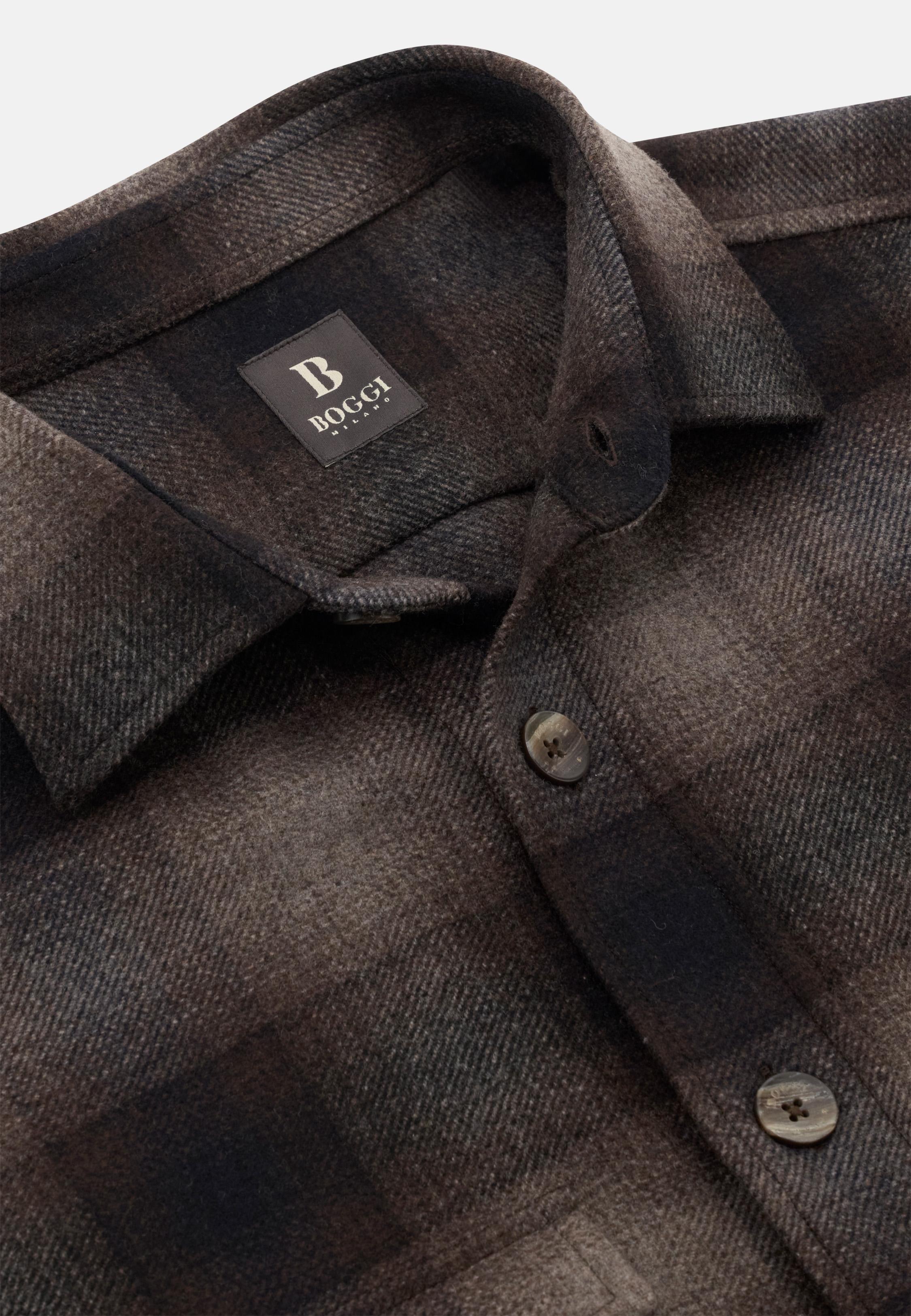 Checked Overshirt in Wool and Tencel Flannel Brown, Brown, large image number 3