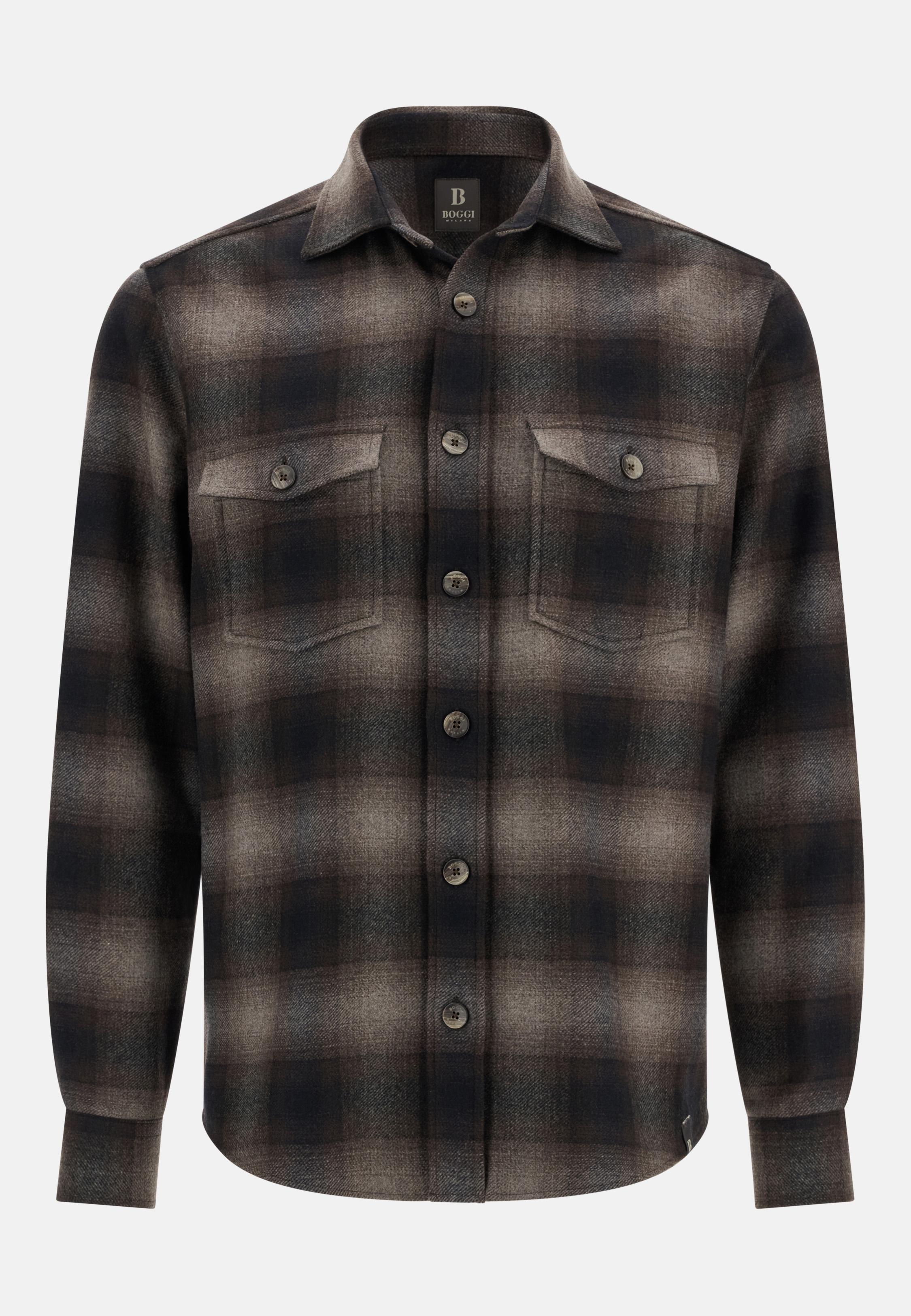 Checked Overshirt in Wool and Tencel Flannel Brown, Brown, large image number 4