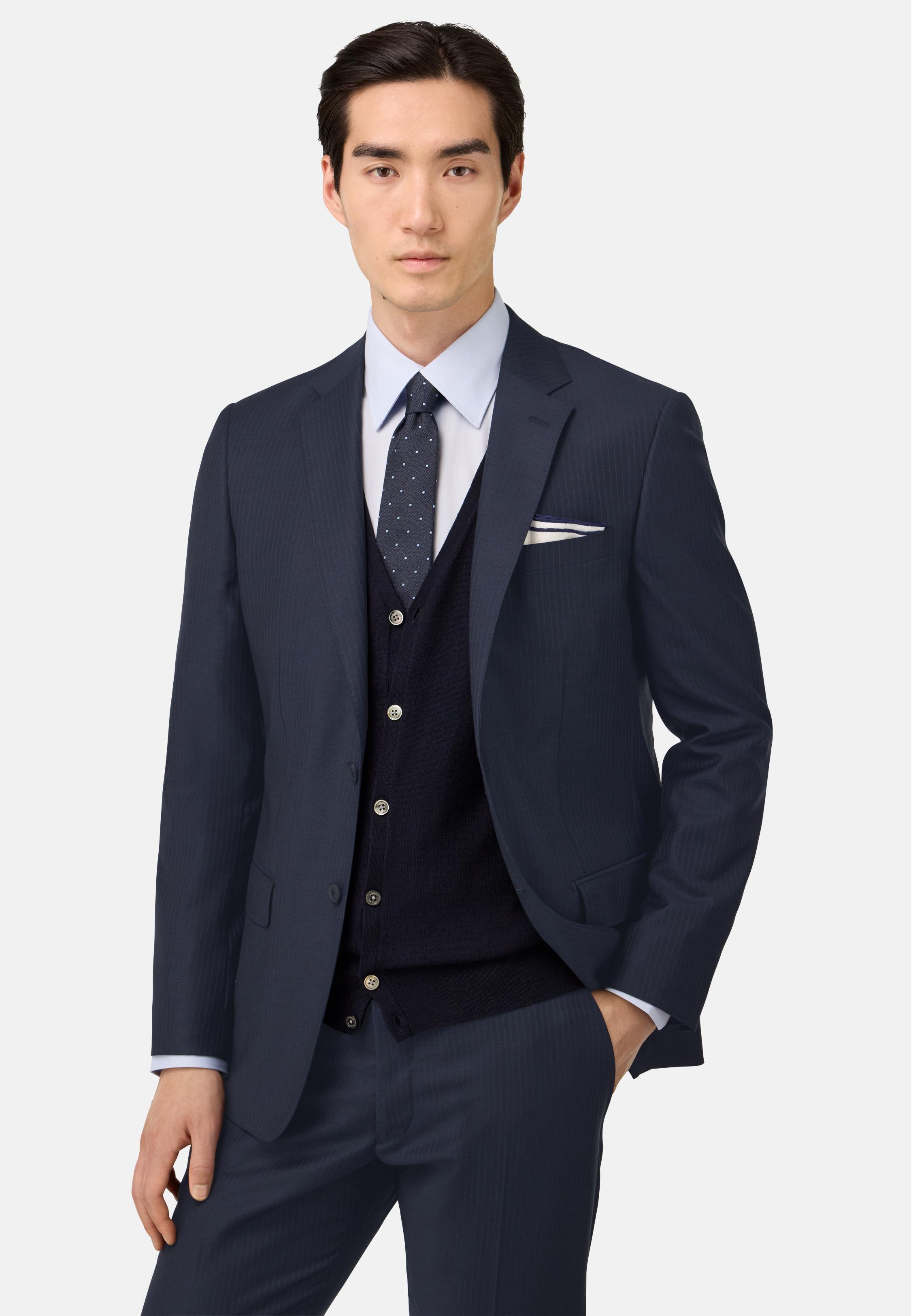 Pinstripe Stretch Wool Suit Blue, Navy blue, medium