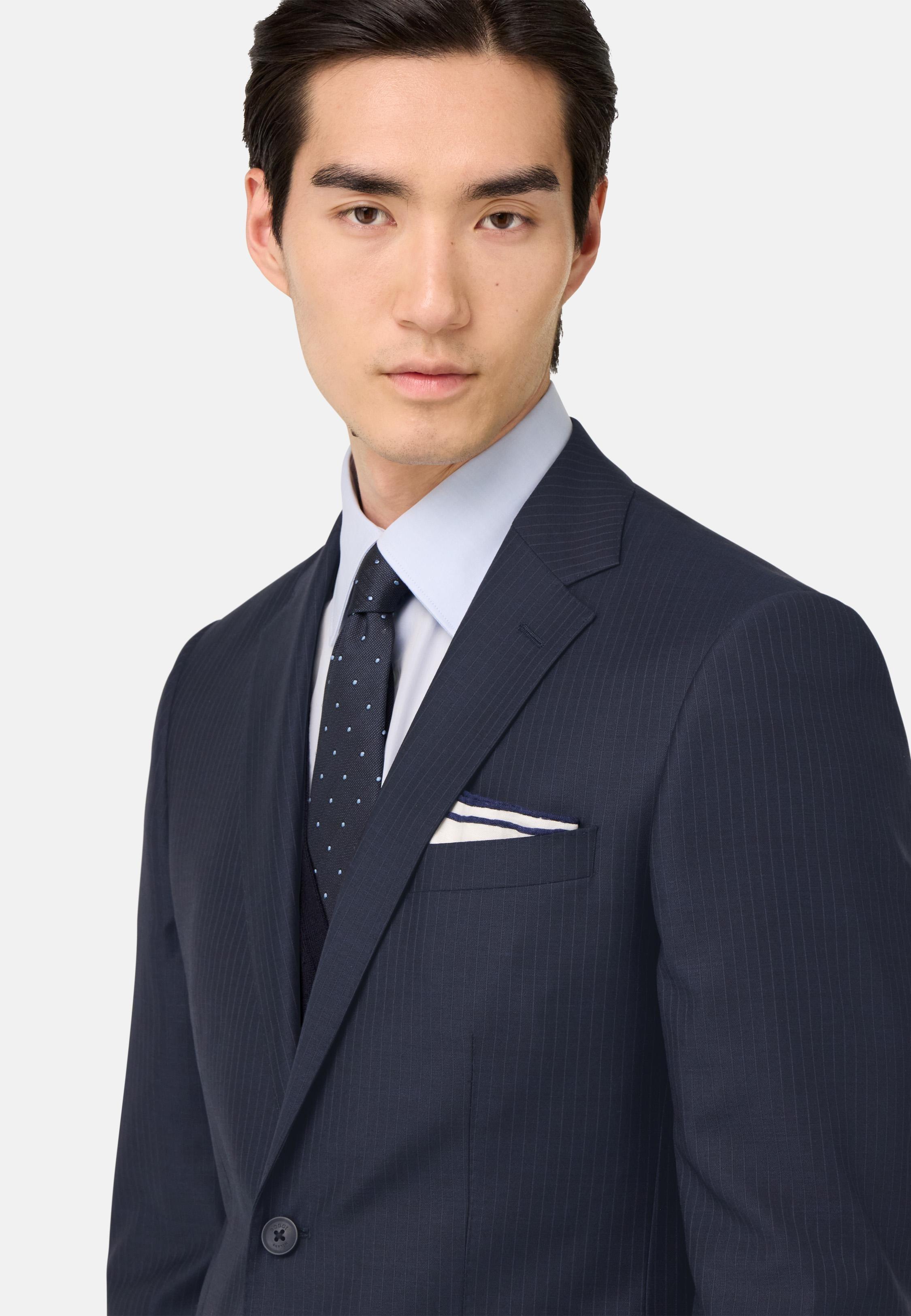 Pinstripe Stretch Wool Suit Blue, Navy blue, medium