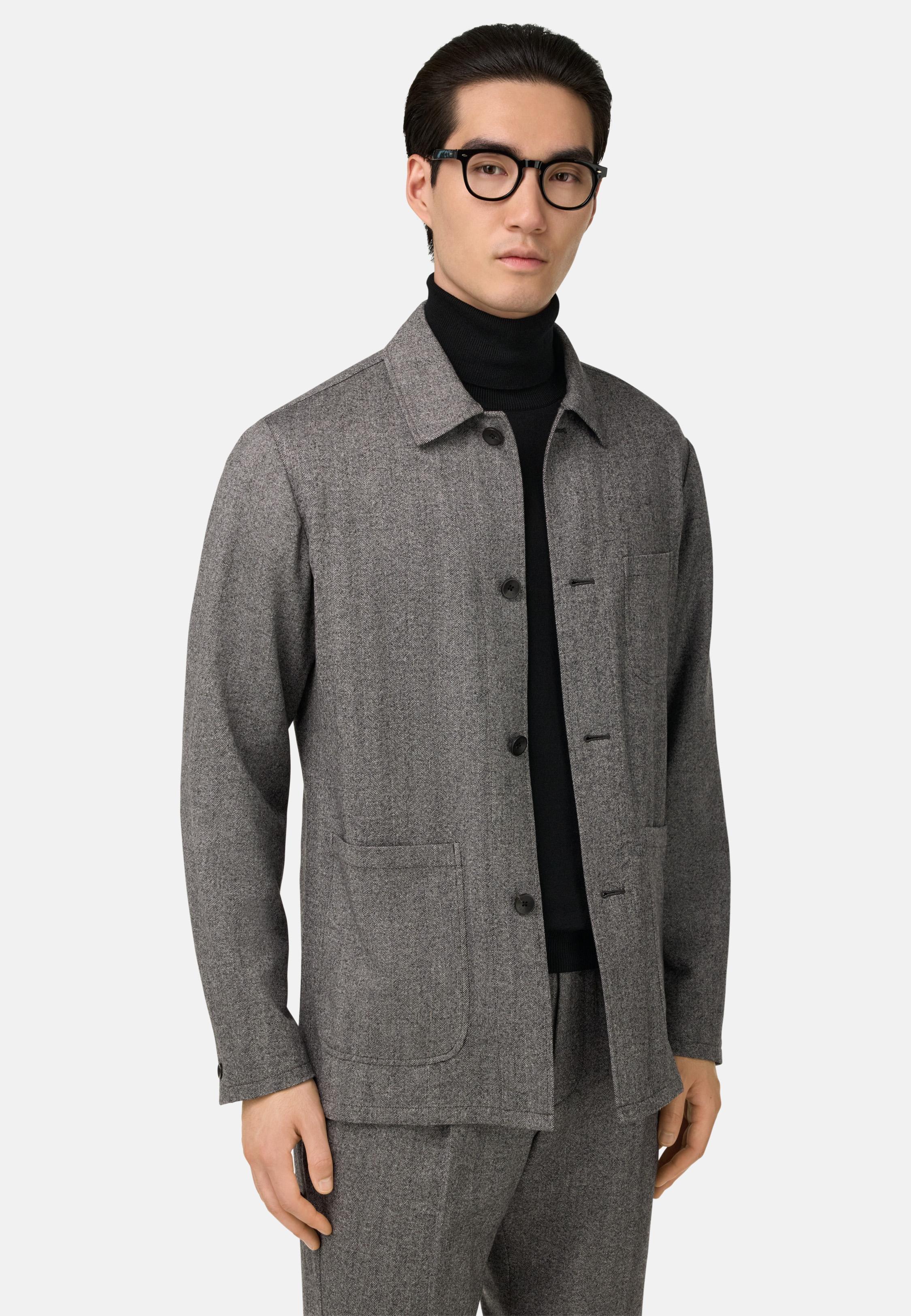 Herringbone Shirt Jacket in Pure Wool Grey, Charcoal, large image number 0