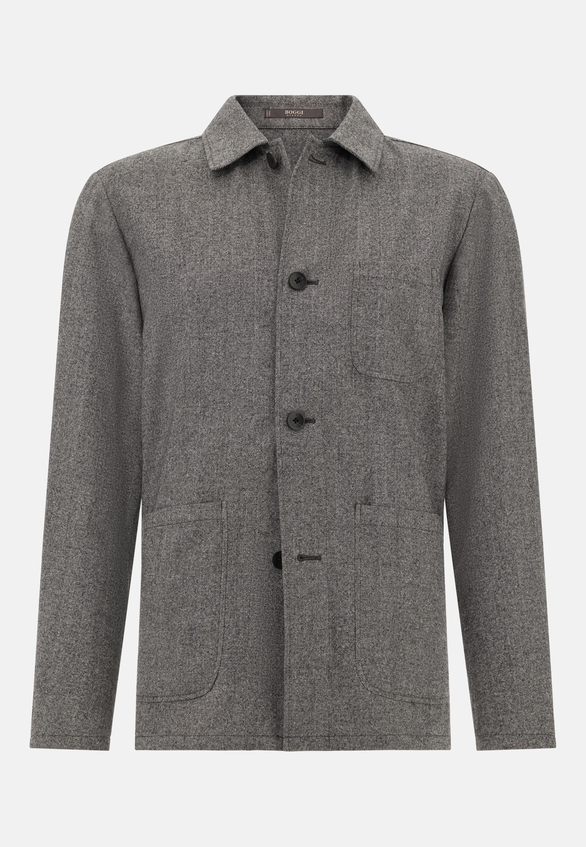 Herringbone Shirt Jacket in Pure Wool Grey, Charcoal, medium