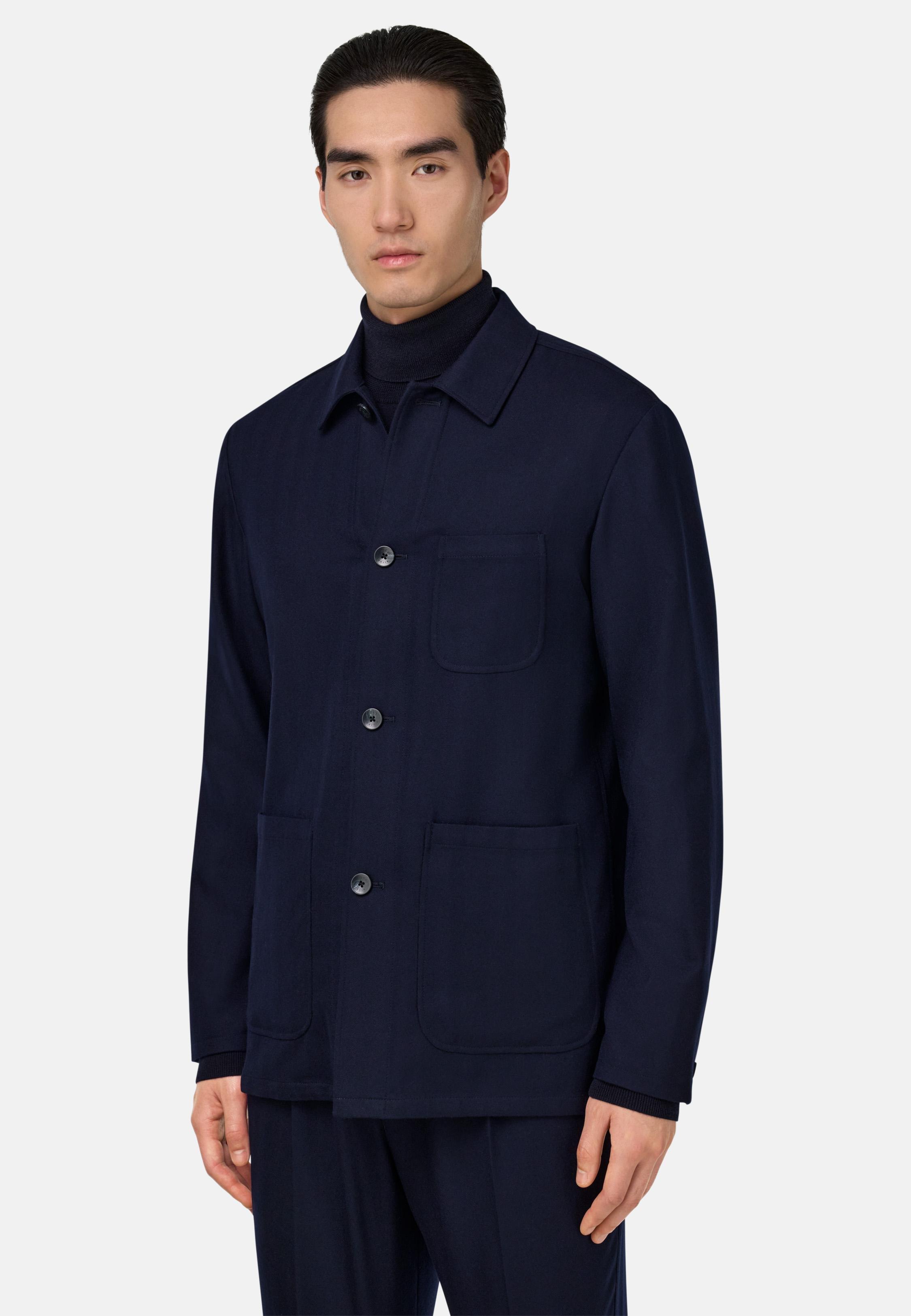 Herringbone Shirt Jacket In Pure Wool Blue, Navy blue, medium